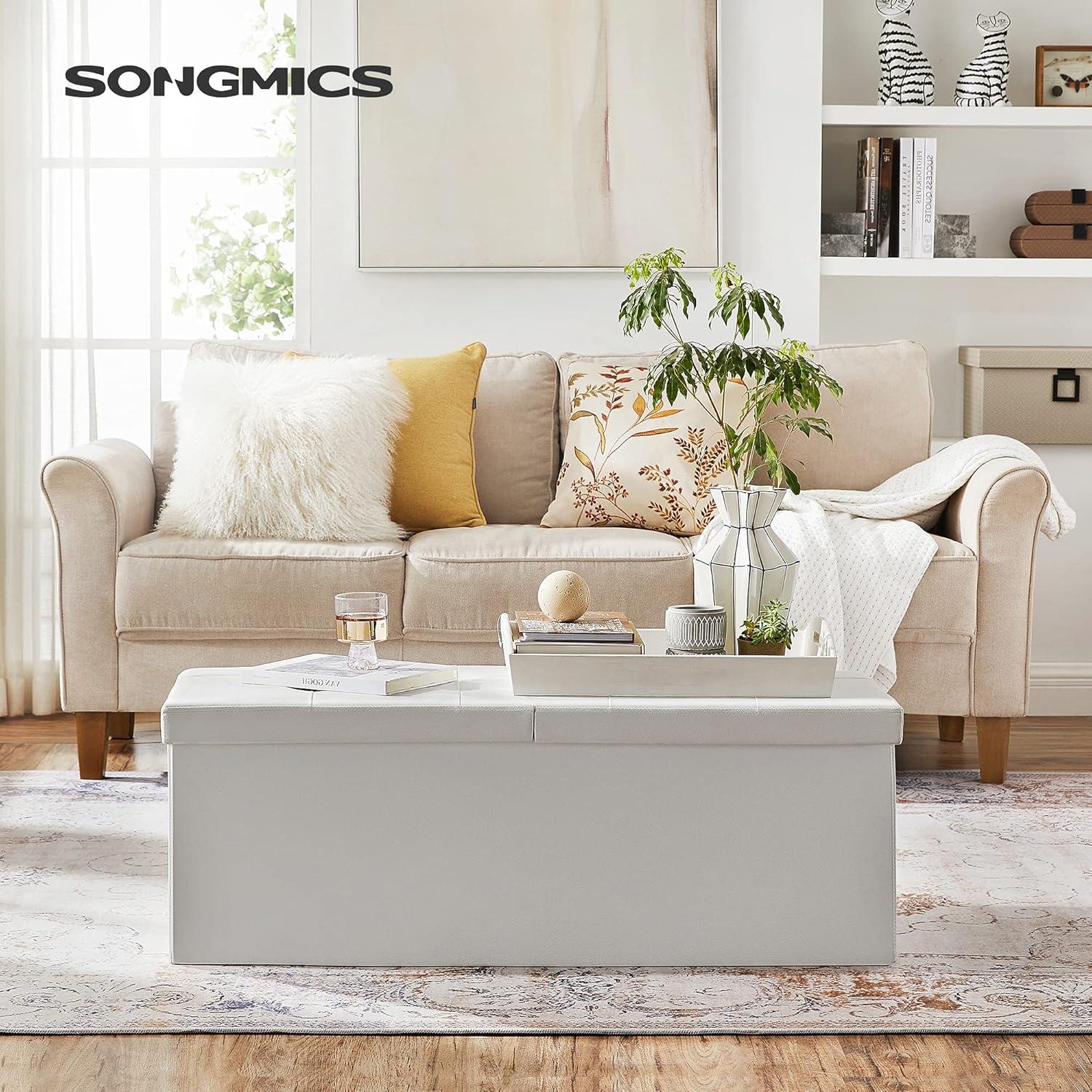 SONGMICS 43" Folding Storage Ottoman Bench Leather Ottoman Storage Footrest Hold up to 660lb White