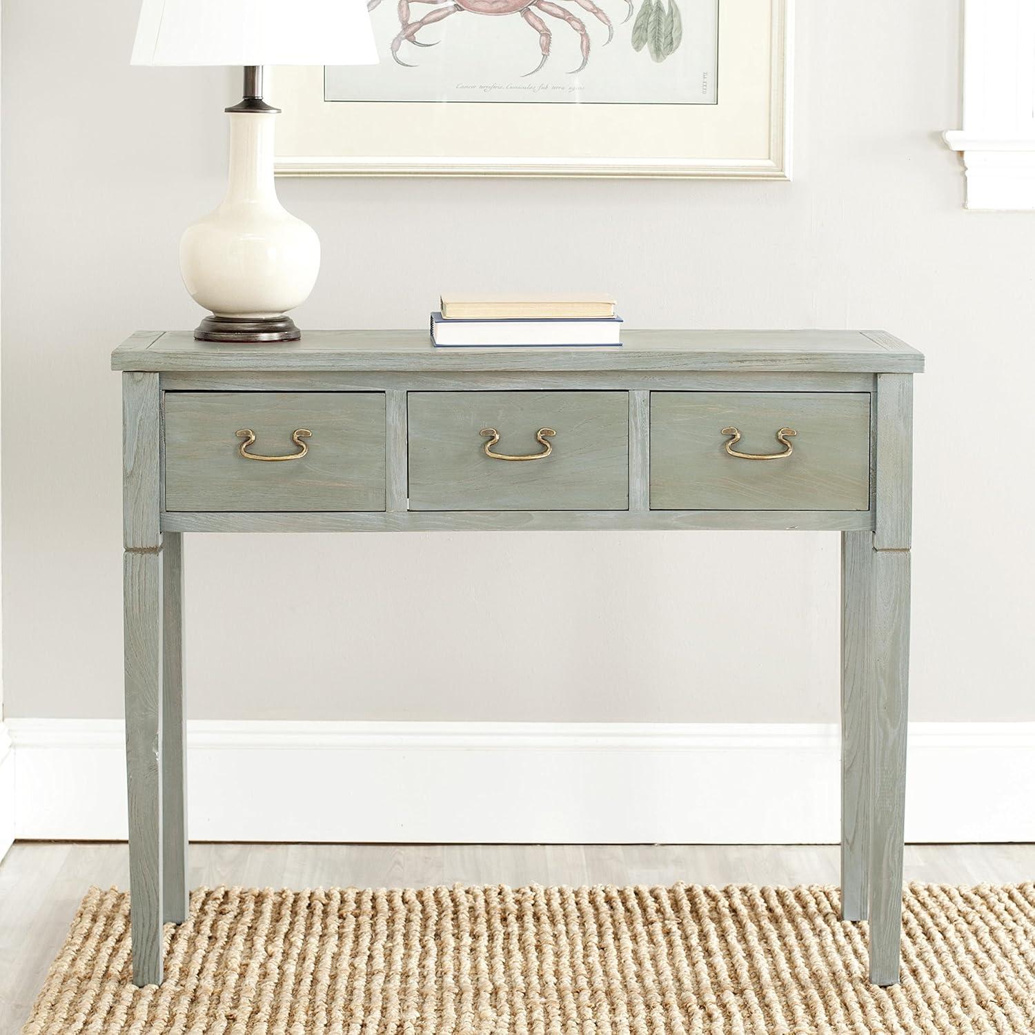 Transitional Slate Teal 3-Drawer Rectangular Console Table with Brass Hinges