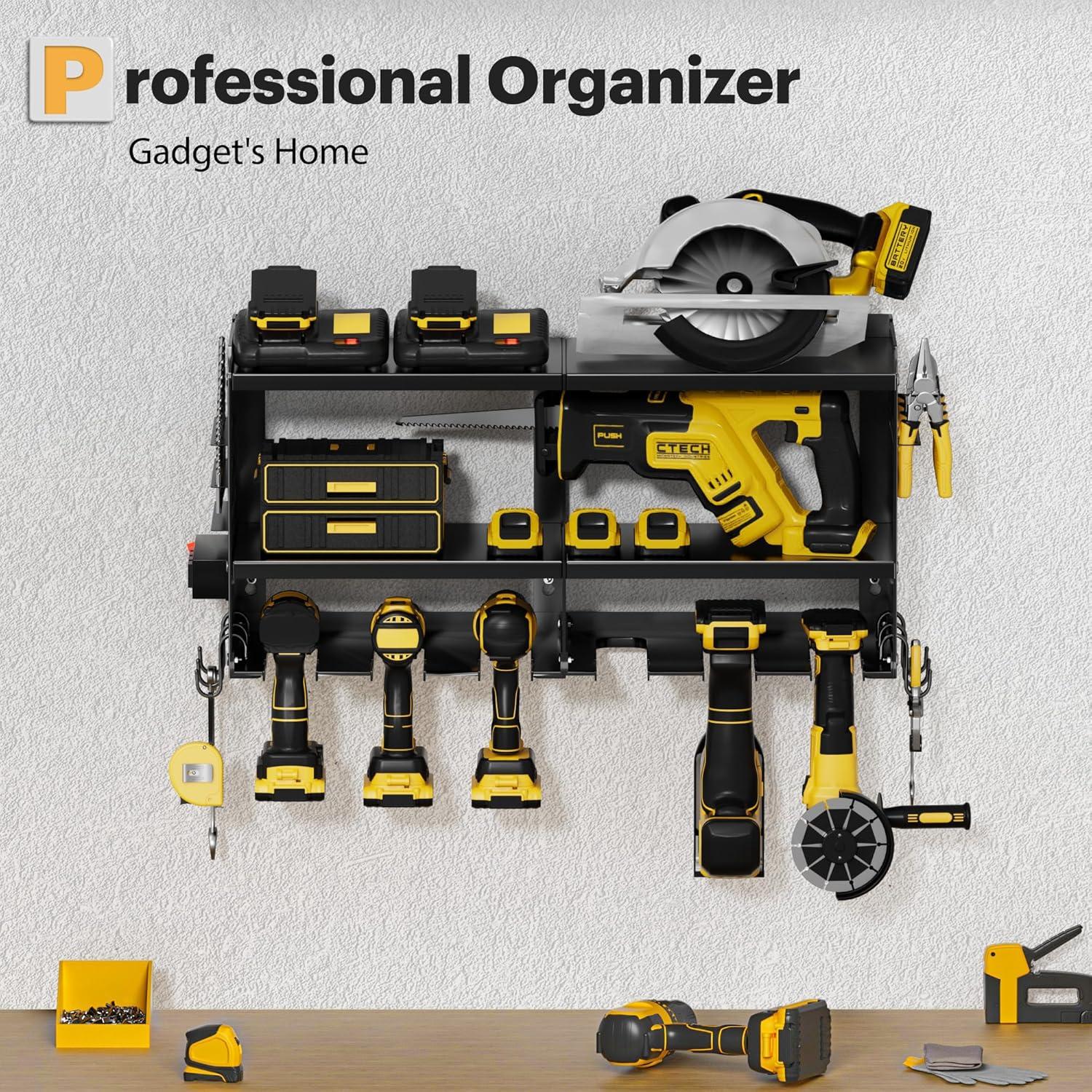 Spampur Power Tool Organizer Wall Mount with Charging Station, Garage Tool Shelf 6 Drill Holders, Tool Battery Holder with Plier holder Heavy Duty Rack, Tool Storage Rack with 4 Outlet Power Strip