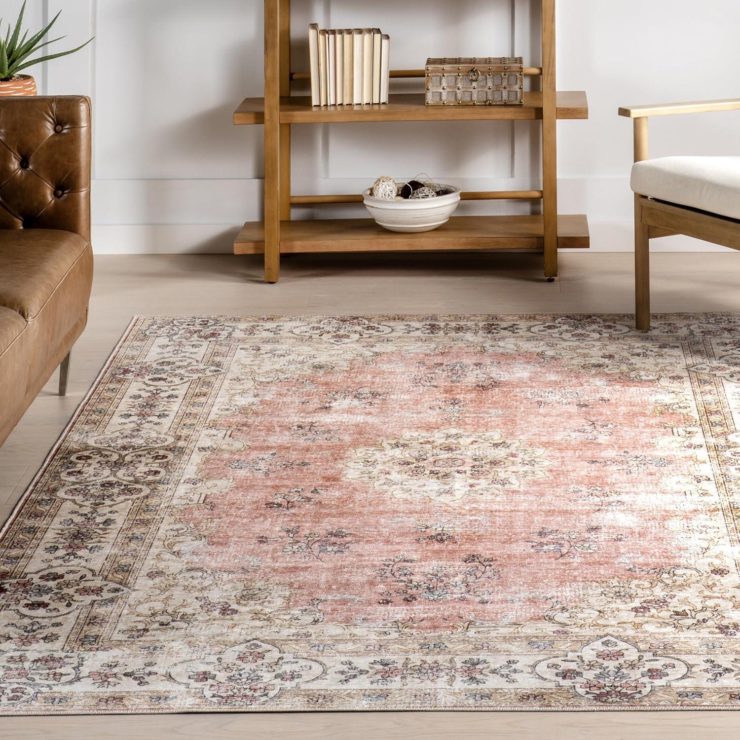 Nuloom Teja SplashGuard Persian Medallion Machine Washable Area Rug, 4' x 6', Teja Peach