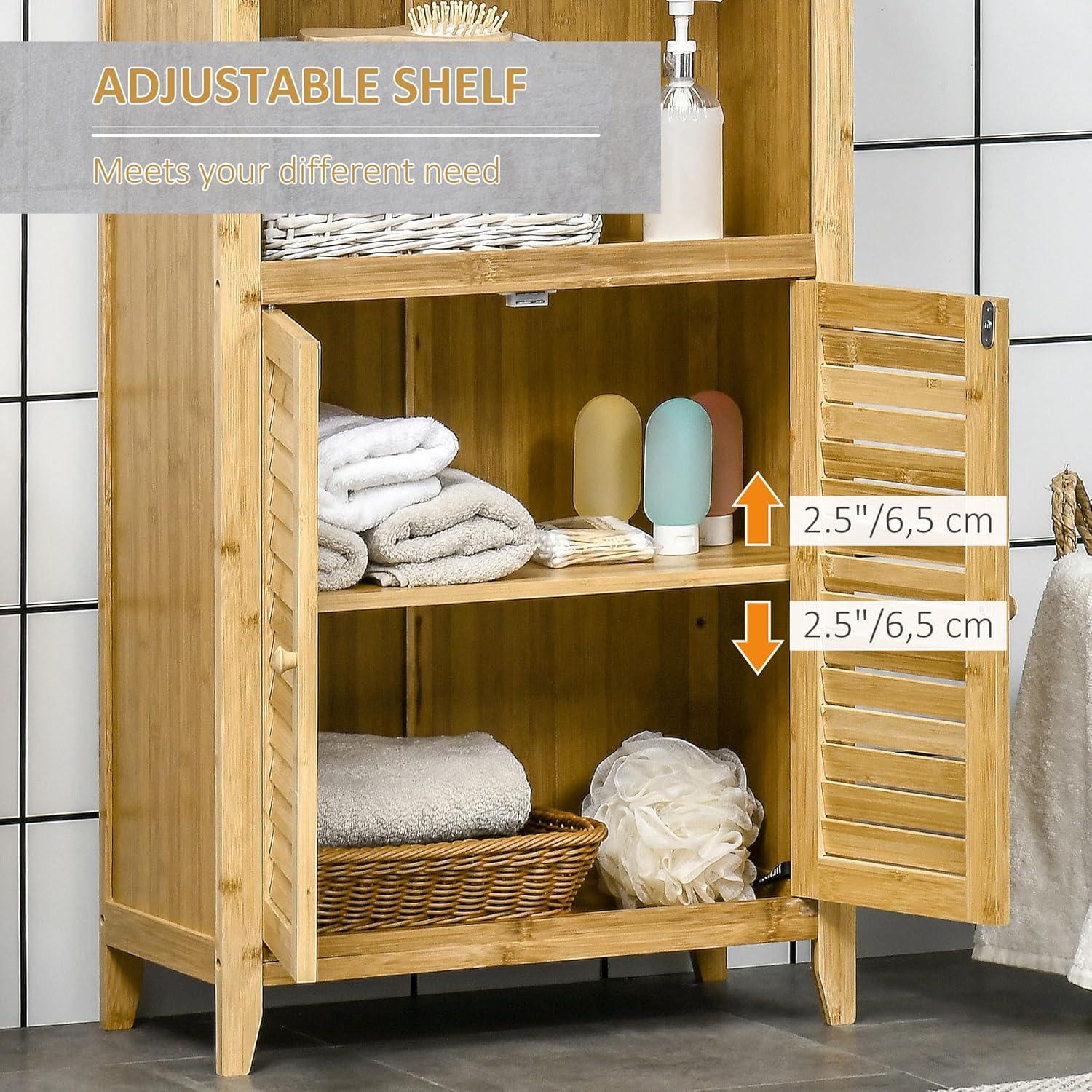 HOMCOM Bamboo Floor Cabinet Bathroom Floor Cabinet Living Room Organizer Tower with Multiple Shelves and Doors, Natural