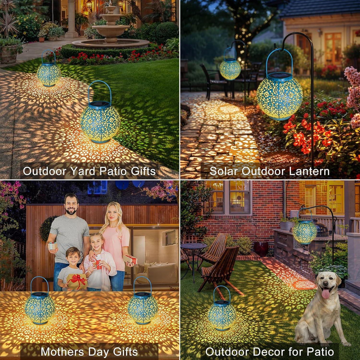 Solar Large Lantern Outdoor Hanging Lights Metal Decorative Garden Lights Waterproof Table Lamp for Patio, Courtyard, Party Decorations (1 Pack, Teal Blue)