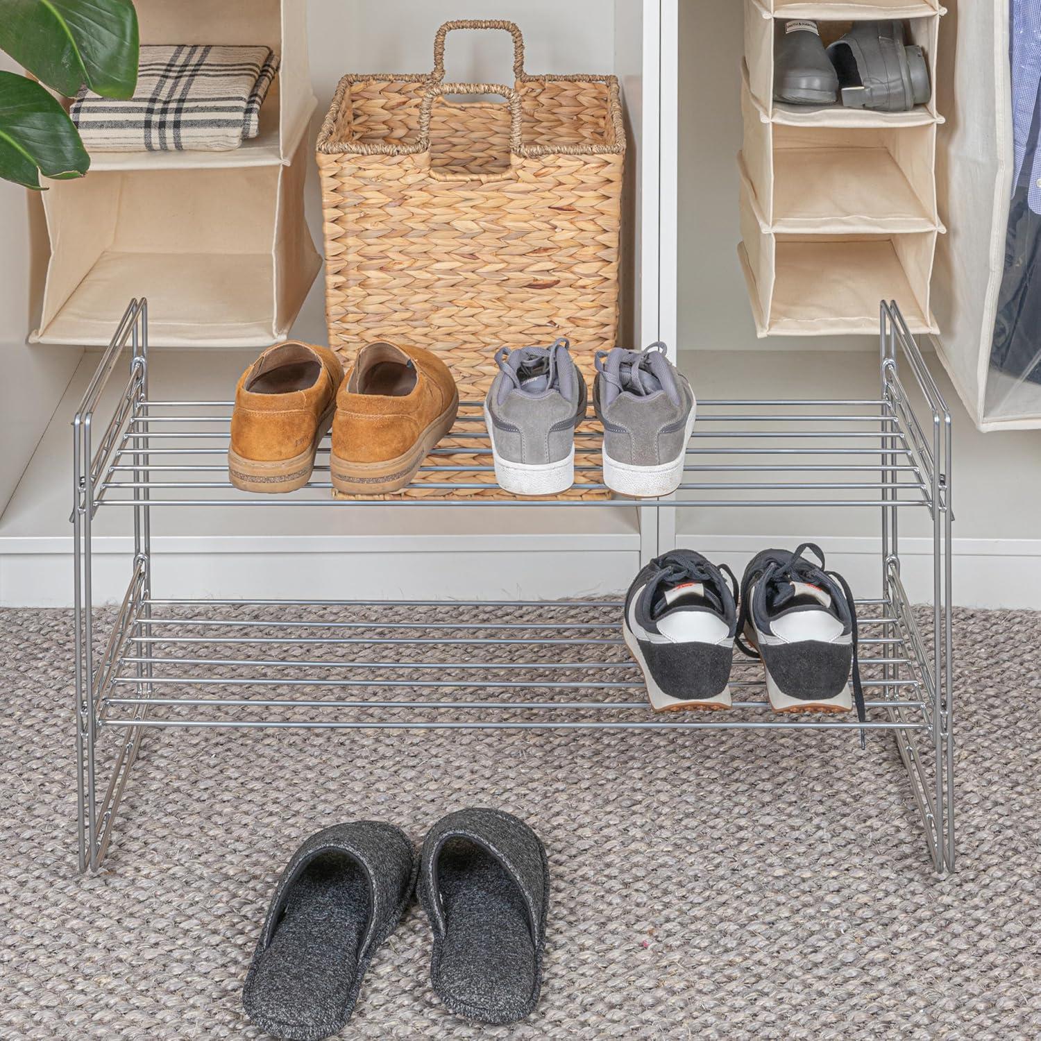 Chrome Stackable Two-Tier Shoe Rack with Flat Shelves