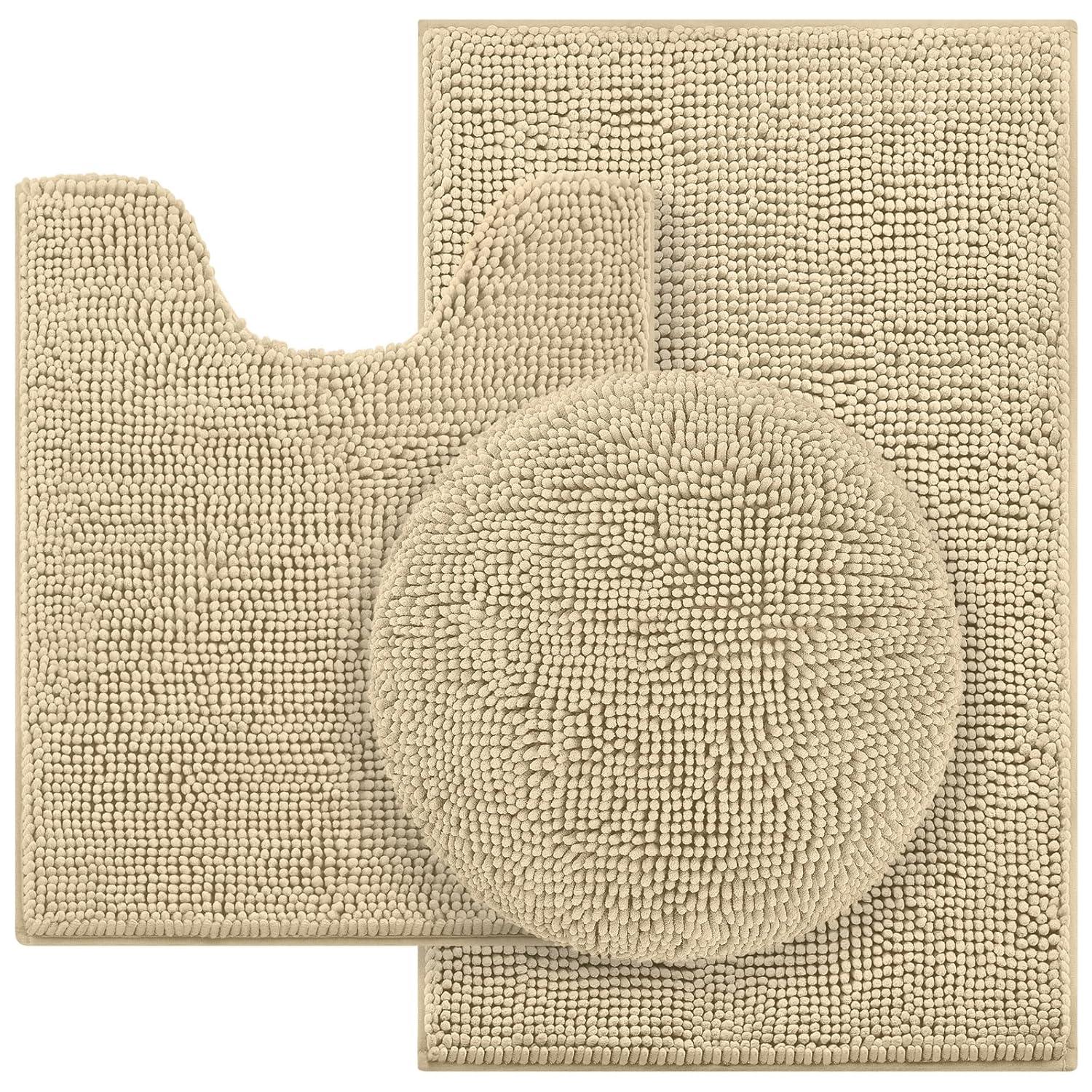 HOMEIDEAS 3 Pieces Beige Bathroom Rugs Set, Ultra Soft Non Slip Bath Rug and Absorbent Chenille Bath Mat, Includes U-Shaped Contour Rug, Bath Mat and Toilet Lid Cover, Perfect for Bathroom, Tub