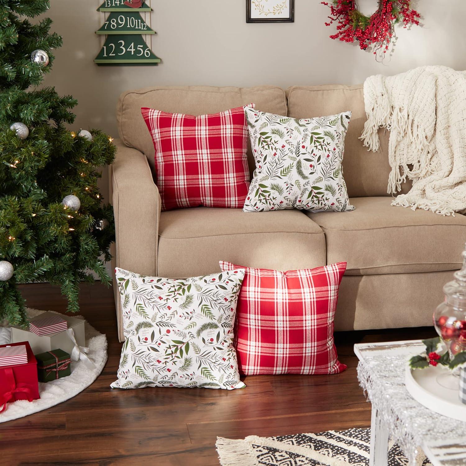 Holiday Sprig & Plaid Cotton Euro Pillow Cover Set