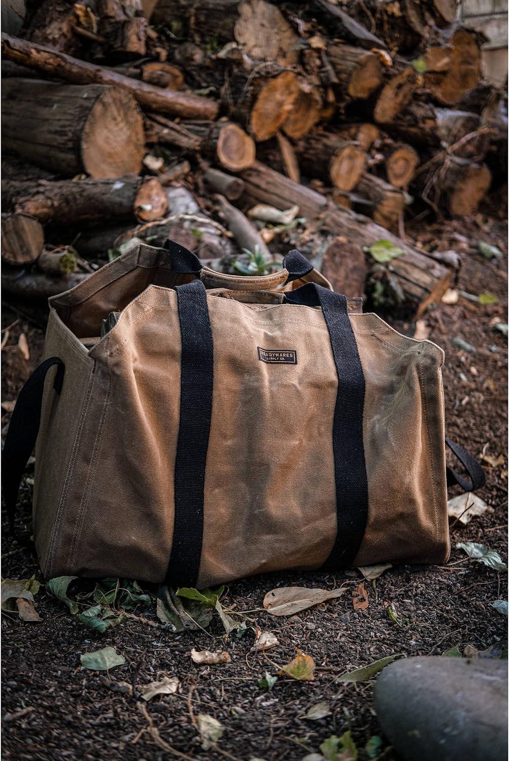 Extra Large Tan Waxed Canvas Firewood Carrier with Metal Handles