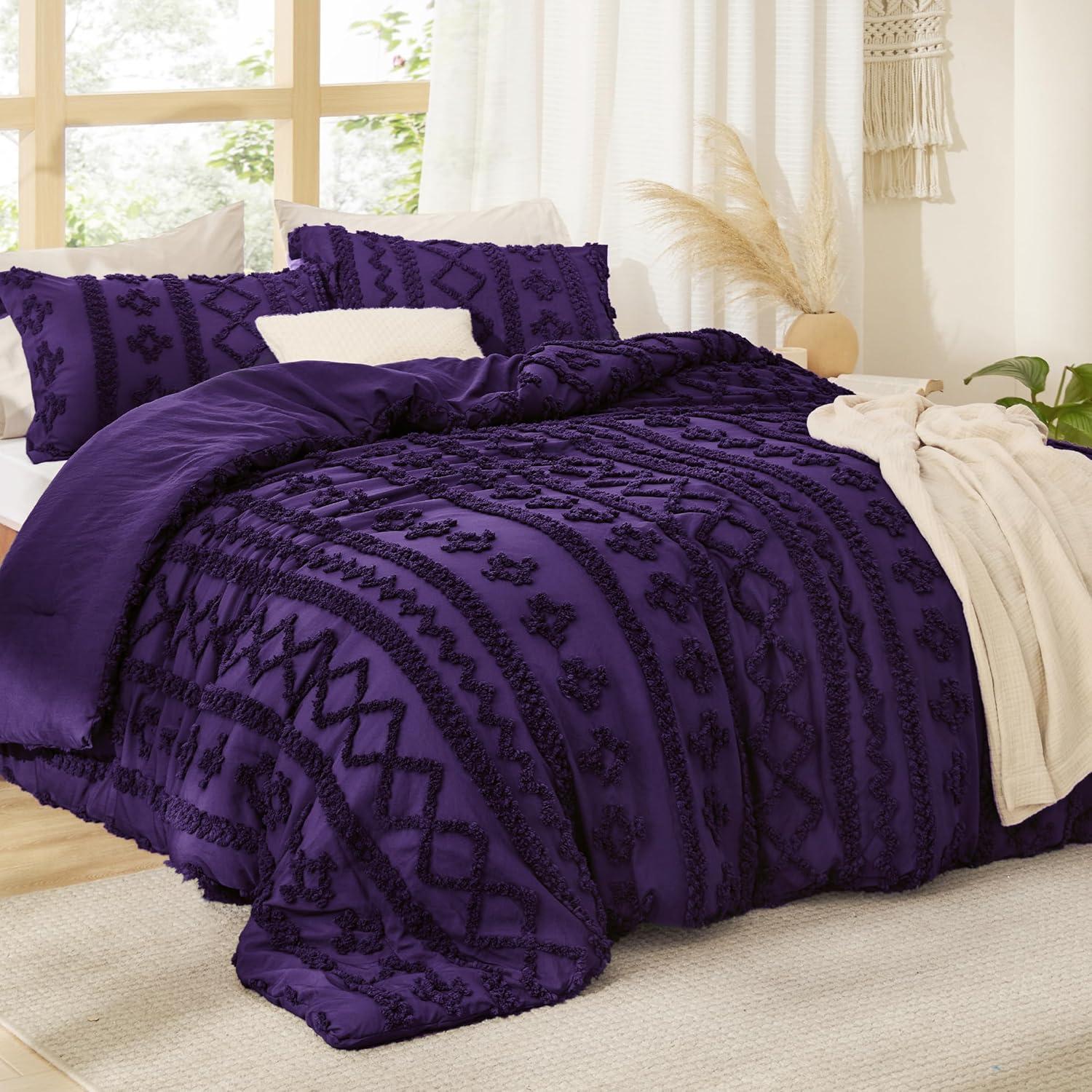 Bedsure Tufted Boho Comforter Set Twin Size - Purple Boho Bed Set, GentleSoft™ 2 Pieces Farmhouse Shabby Chic Embroidery Bedding, Gifts for Woman, Soft Jacquard Twin Comforter for All Seasons