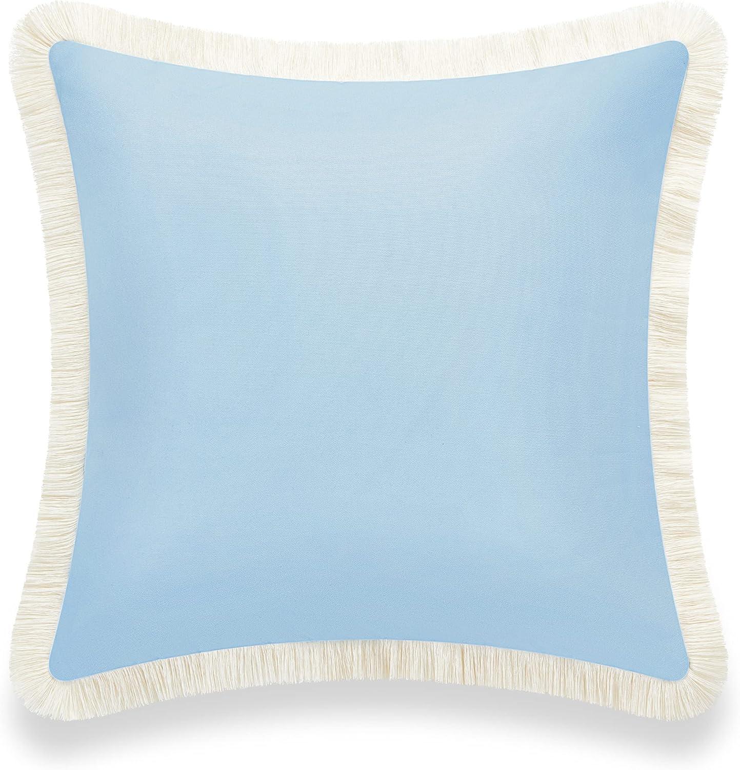 Hofdeco Premium Coastal Hampton Style Patio Indoor Outdoor Pillow Cover Only, 20"x20" Water Resistant for Backyard, Couch, Solid Baby Blue Fringe