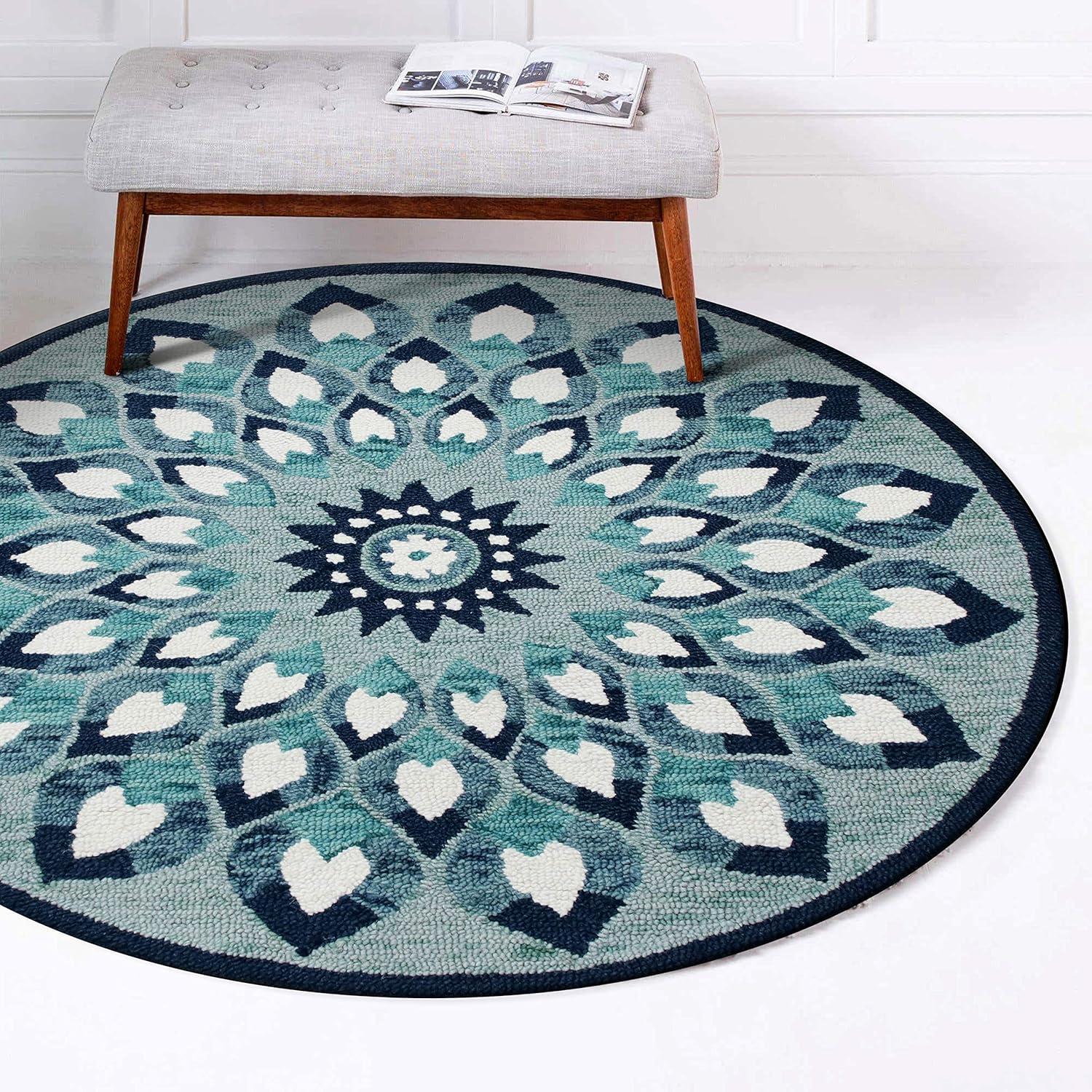 Ox Bay Hand Tufted Feather Medallion Floral Area Rug, Navy Blue, 4 ft. Round