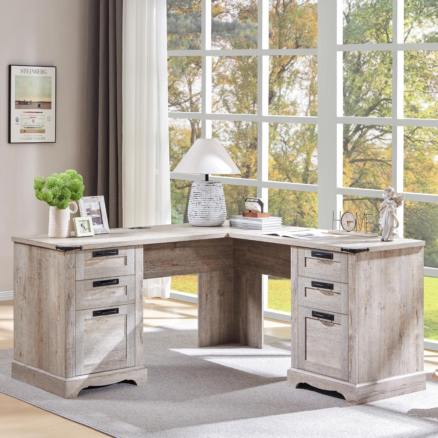 RedLemon 60" Farmhouse L Shaped Desk with Drawers, Wood Home Office Corner Executive Desk with Charging Station, File Drawer, Storage Cabinet, Rustic Computer Writing Desk (Light Rustic Oak)