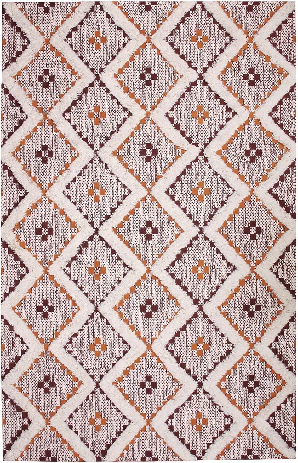 Superior Evren Hand-Tufted Cotton/Wool Textured Geometric Apricot/Brick Red Farmhouse Area Rug, 6' x 9'