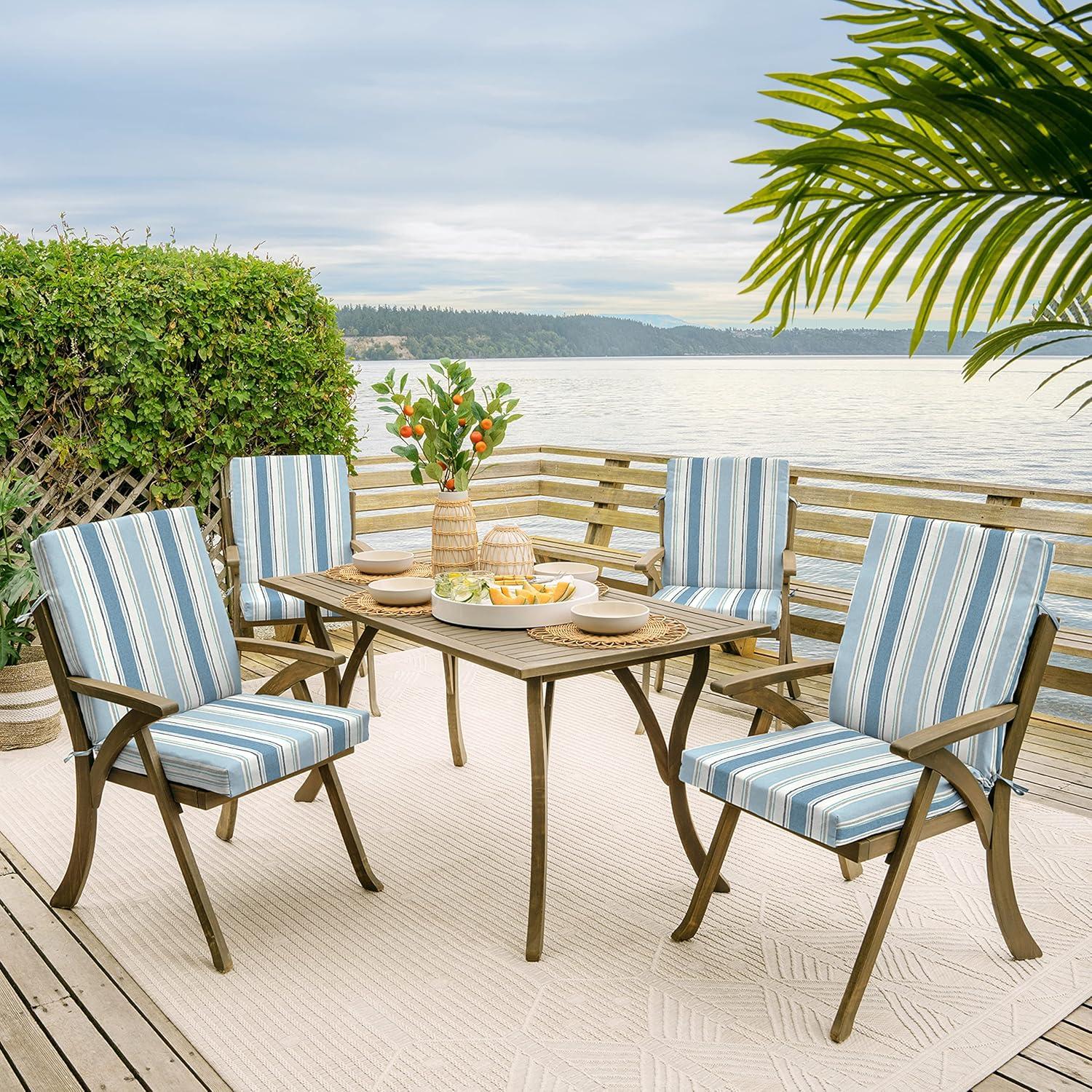 French Blue Linen Stripe Outdoor Dining Chair Cushion