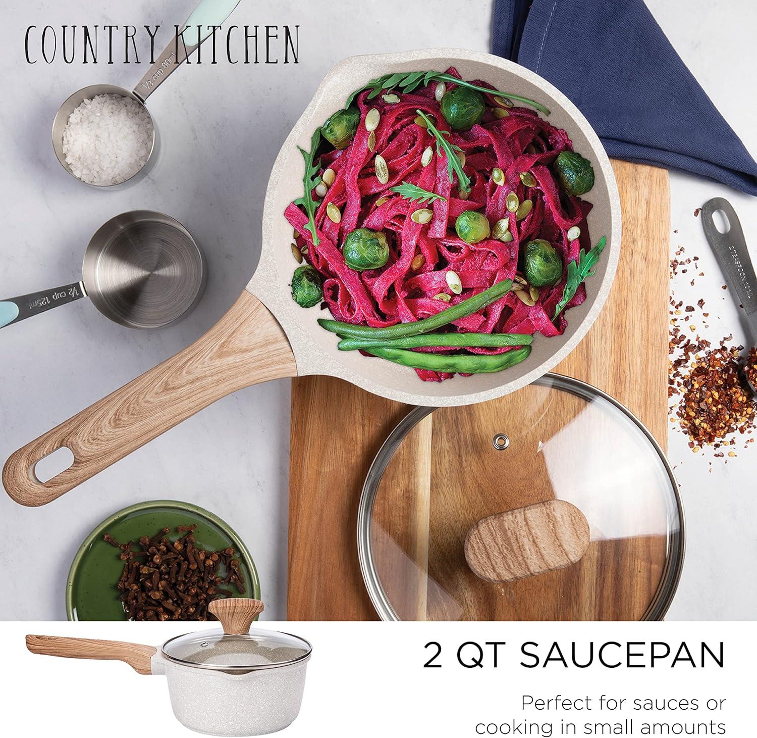 Non-Stick Cast Aluminum Cookware Set - Durable Kitchen Cookware for Everyday Cooking, Speckled Cream, 6 Pc.