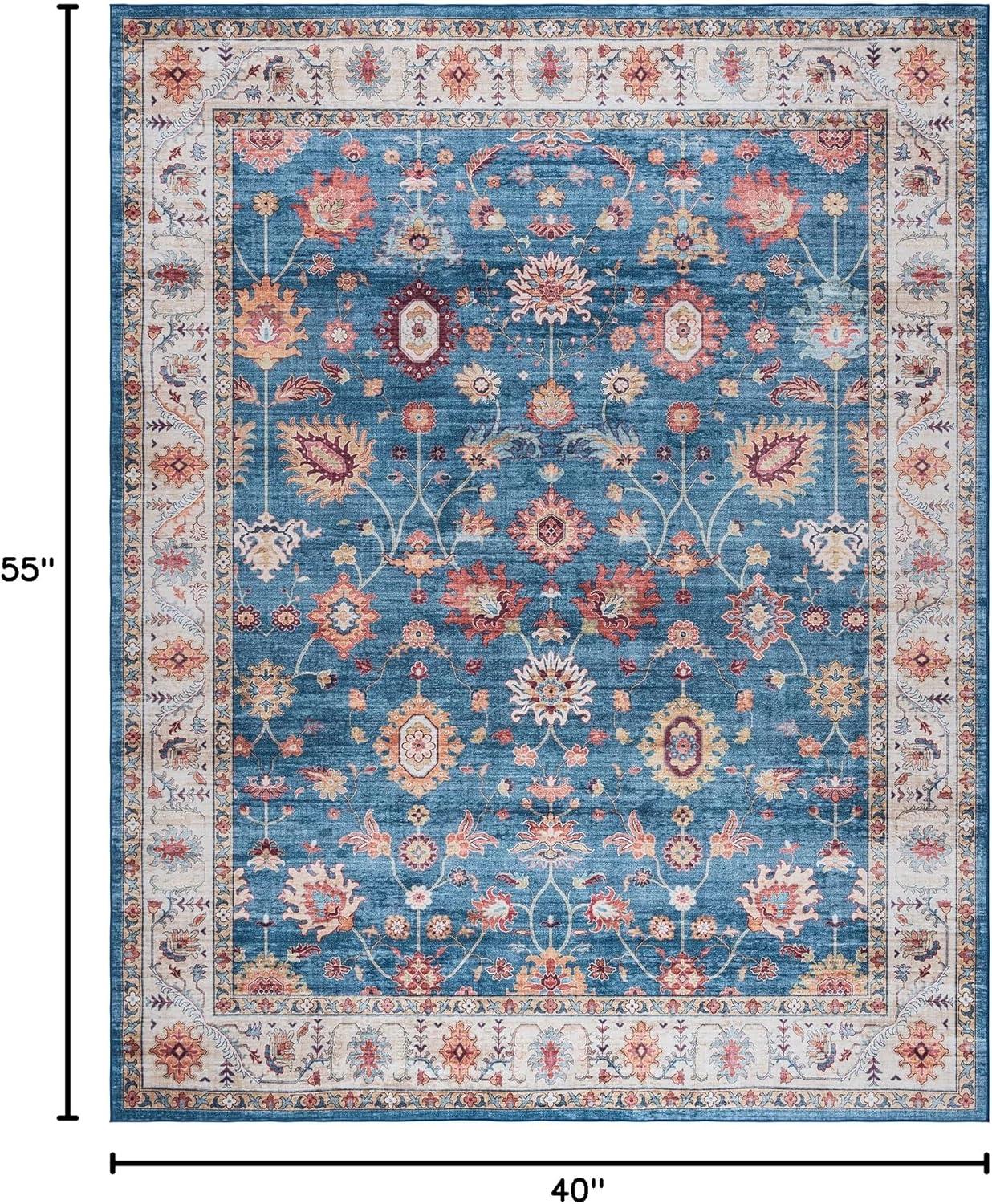 Gertmenian Crystal Print Cullen Navy Blue Beige Multi Transitional Floral Border Washable Flat Pile Indoor Area Rug