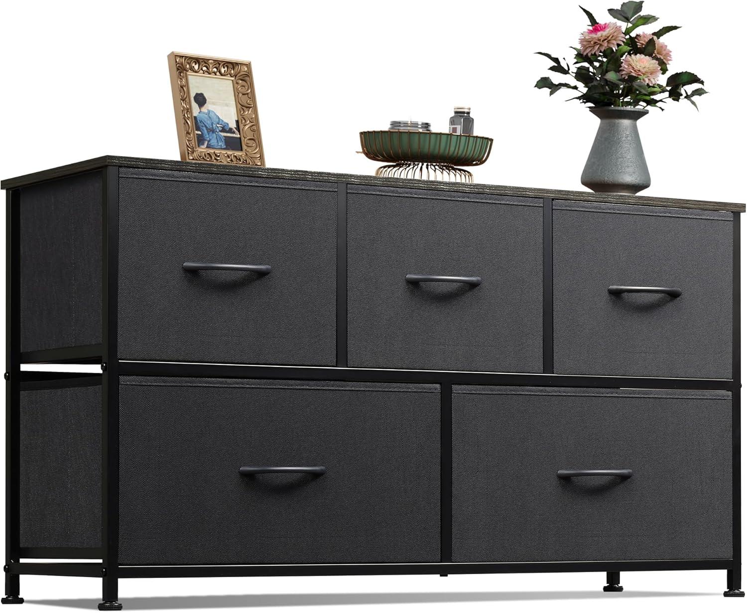 EDX 5 Drawer Dresser, Wide Chest Of Drawers Nightstand Storage Tower Storage Dresser Fabric Dresser With Wood Top for Living Room, Bedroom, Hallway,Black