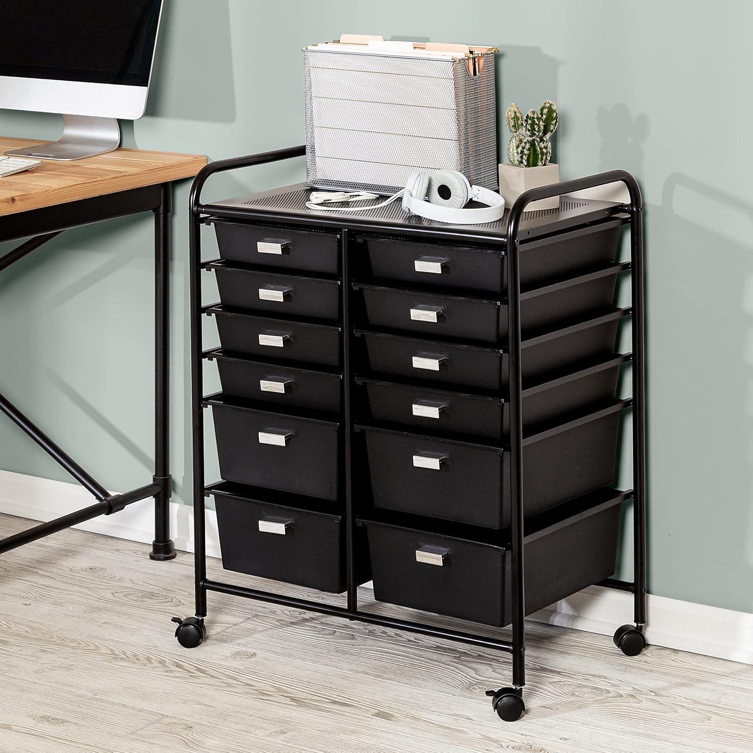 Black Chrome 12-Drawer Rolling Storage Cart with Lockable Casters