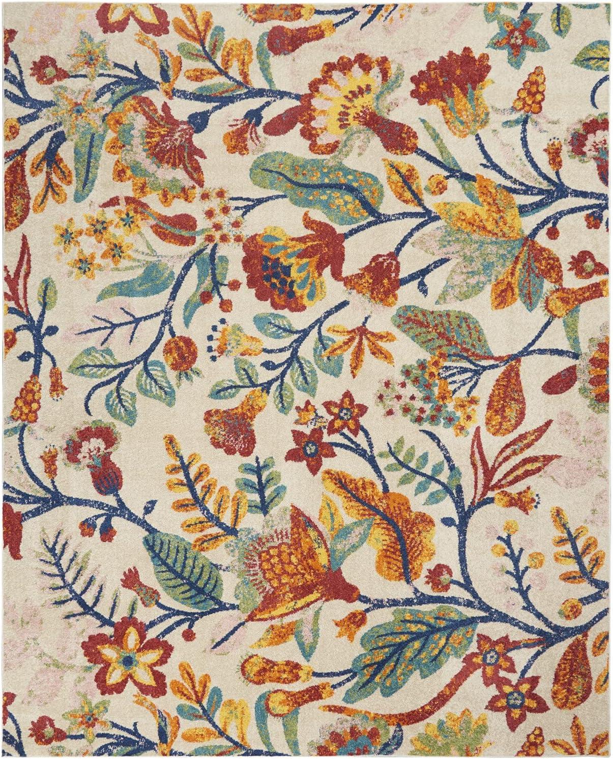 Ivory Multicolor Floral 9' x 12' Synthetic Area Rug