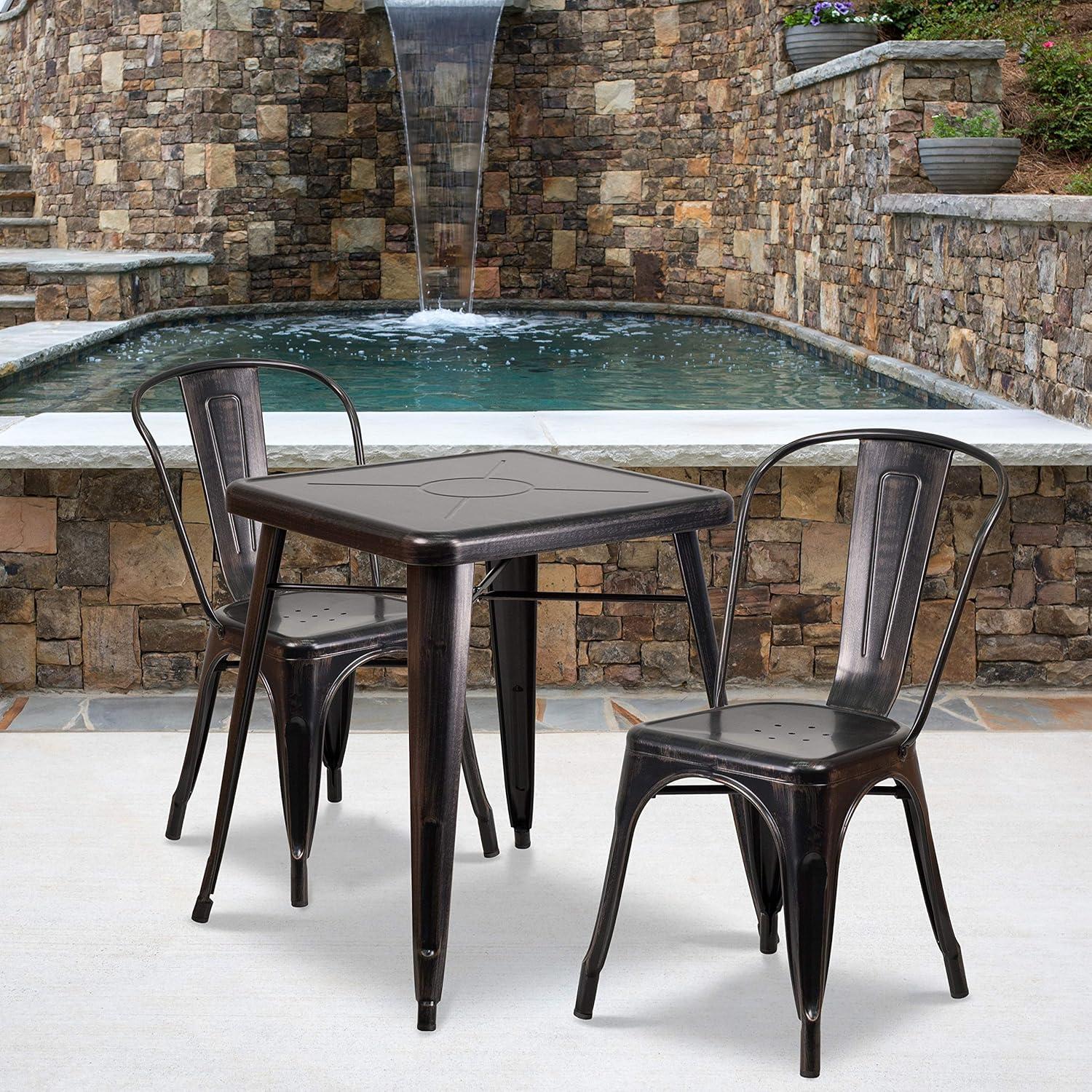 Flash Furniture Commercial Grade 23.75" Square Black Metal Indoor-Outdoor Table Set with 2 Stack Chairs
