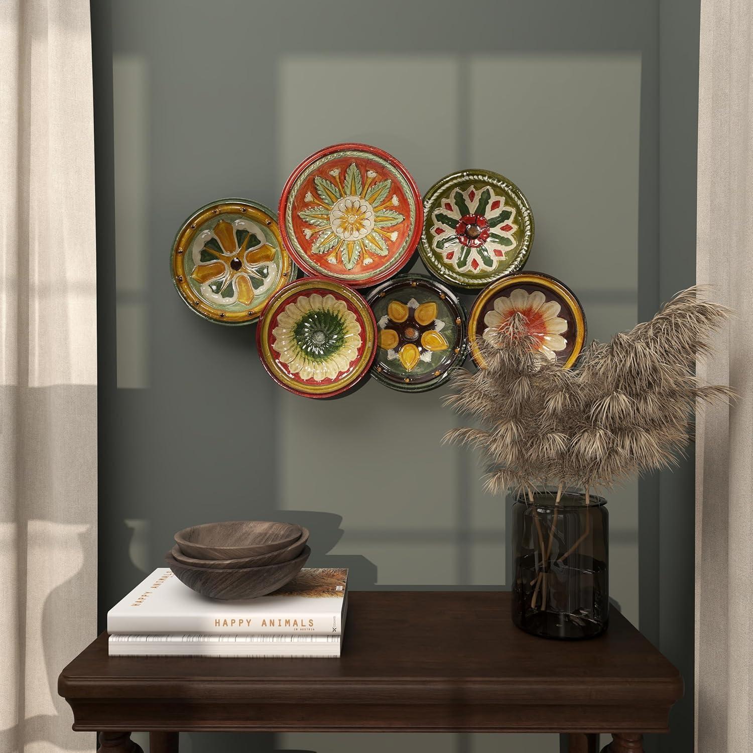 DecMode Multi Colored Metal Spanish Inspired Floral Plate Wall Decor with Spanish Designs