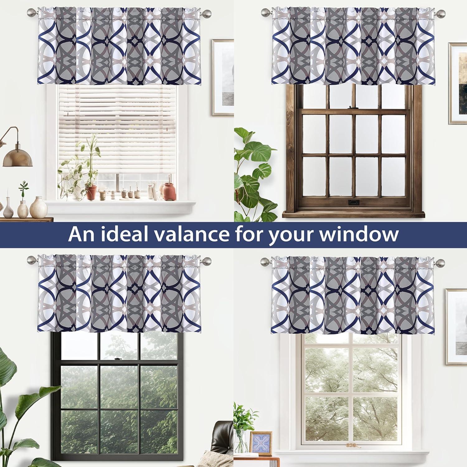 DriftAway Alexander Spiral Geo Trellis Pattern Window Curtain Valance Rod Pocket 52 Inch by 18 Inch Plus 2 Inch Header Navy and Gray 1 Pack