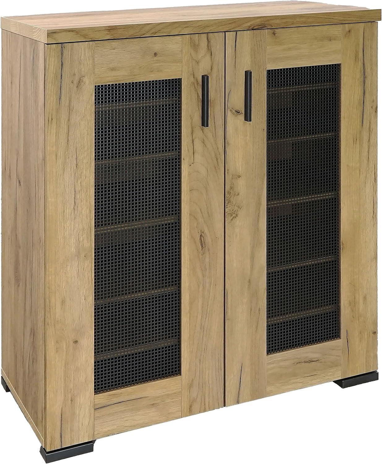 Golden Oak and Gunmetal Mesh Door Accent Cabinet