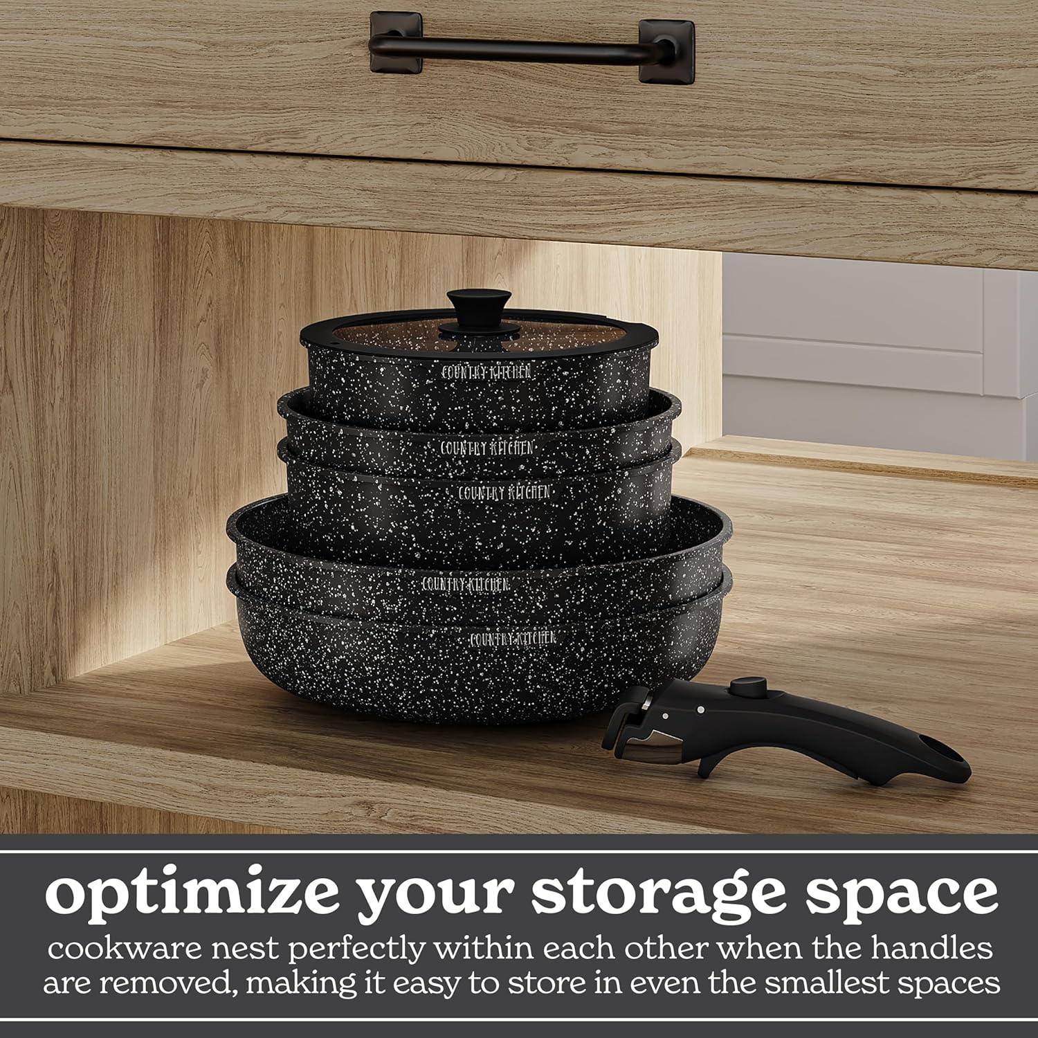 Country Kitchen 13-Pc Pots and Pans Set with Removable Handles Nonstick Cookware Set, Black