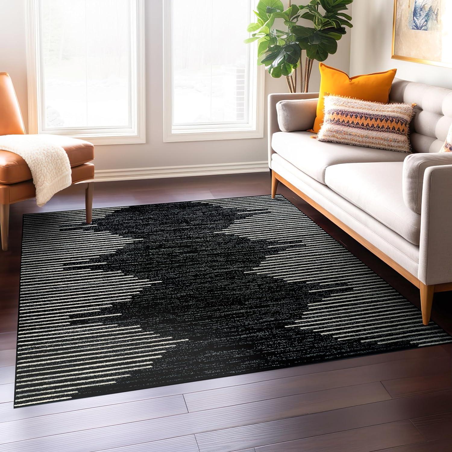 World Rug Gallery Area Rug Bohemian Stripe Jute Rug Carpets for Living Room Rugs for Sale - BLACK 6'6"x6'6"