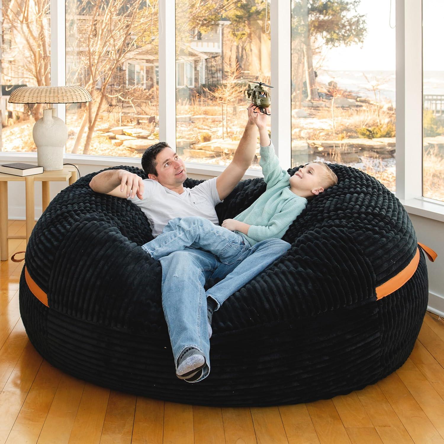 Big Joe Foam Filled Bean Bag Chair with Removable Cover, Corded Plush, Vegan Leather Accents, Medium to XXL Size