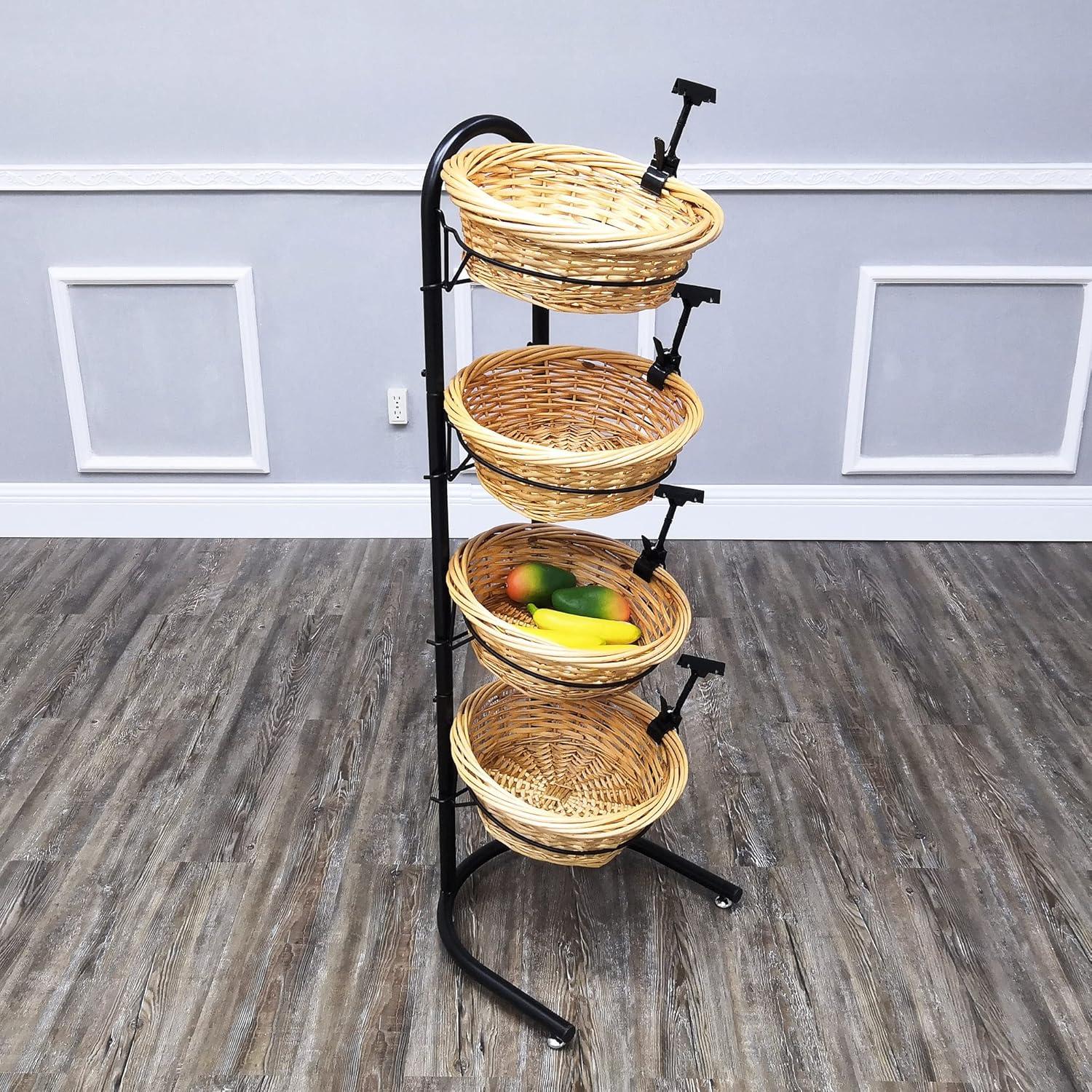 FixtureDisplays 4 Tier Basket Stand, Sign Clips, Wicker Grocery Store Rack Display, Market Basket Rack Kitchen