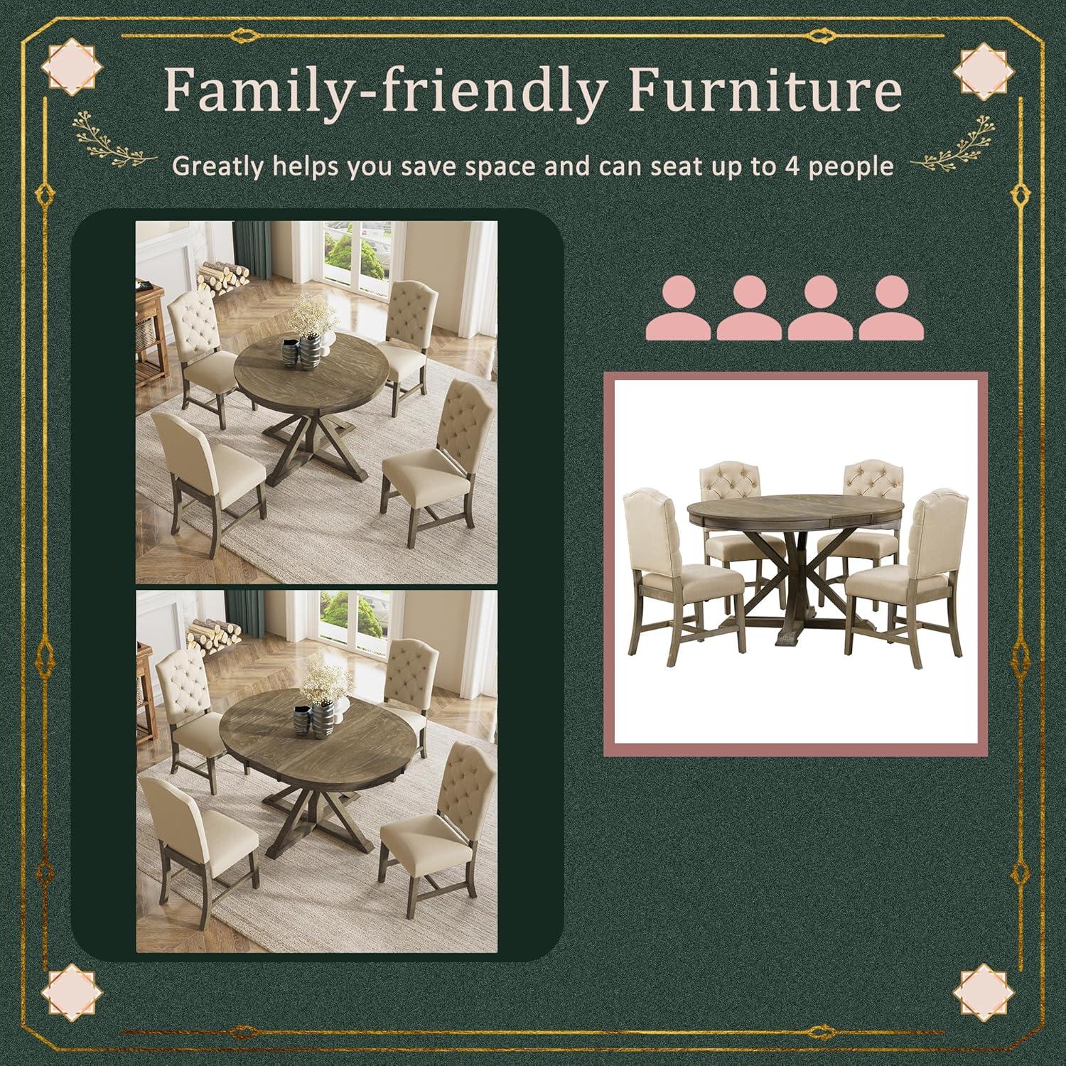 Bellemave Extendable Dining Table Set for 4, 5-Piece Round Table Set with 4 Chairs, Circle Table with Upholstered Chairs, Oval Kitchen Table Set with Extendable Table (Natural Wood Wash)