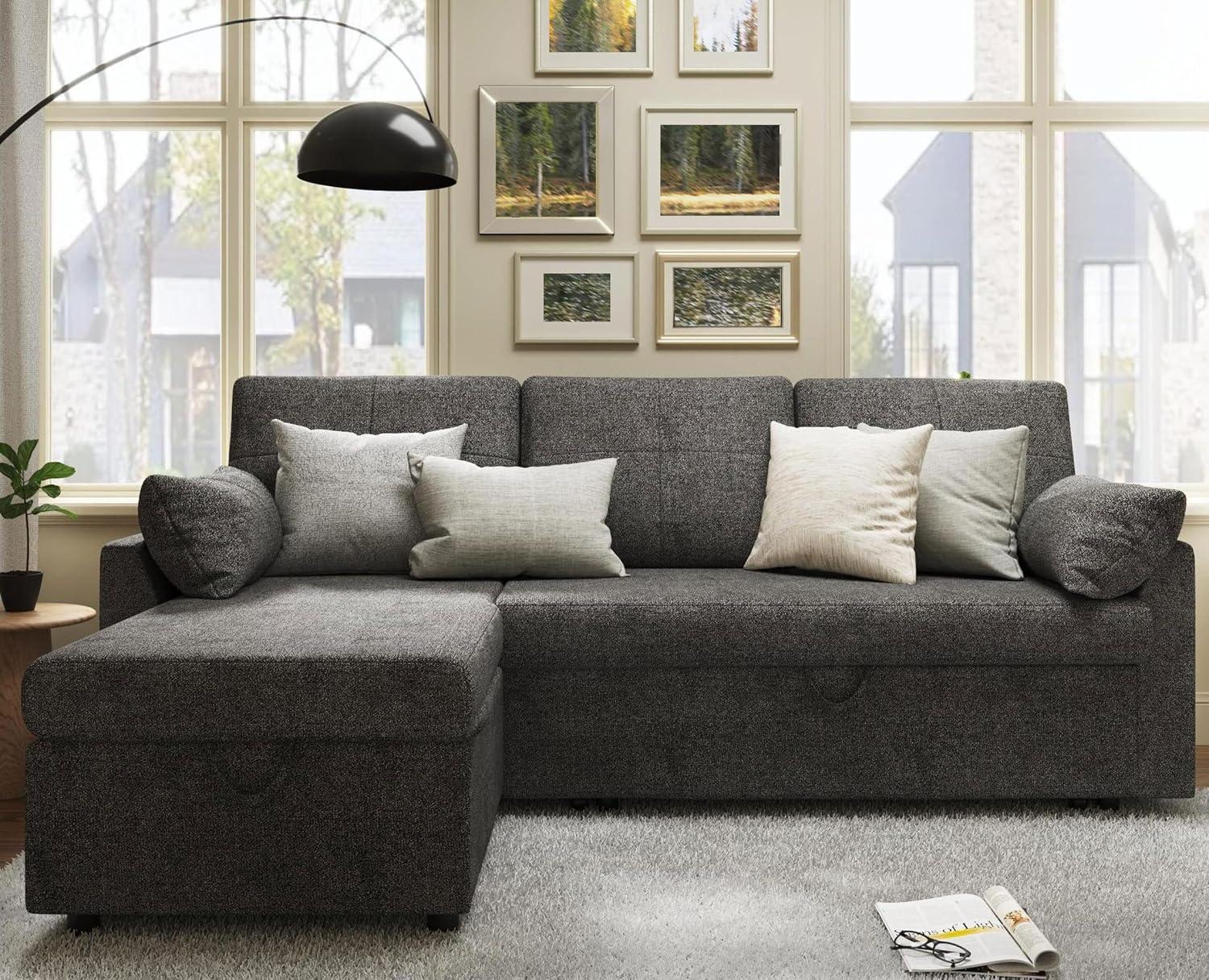 VANACC Sofa Bed, Sleeper Sofa with Storage Chaise-2 in 1 Pull Out Couch Bed for Living Room, Sectional Couch with Pull Out Bed Gray