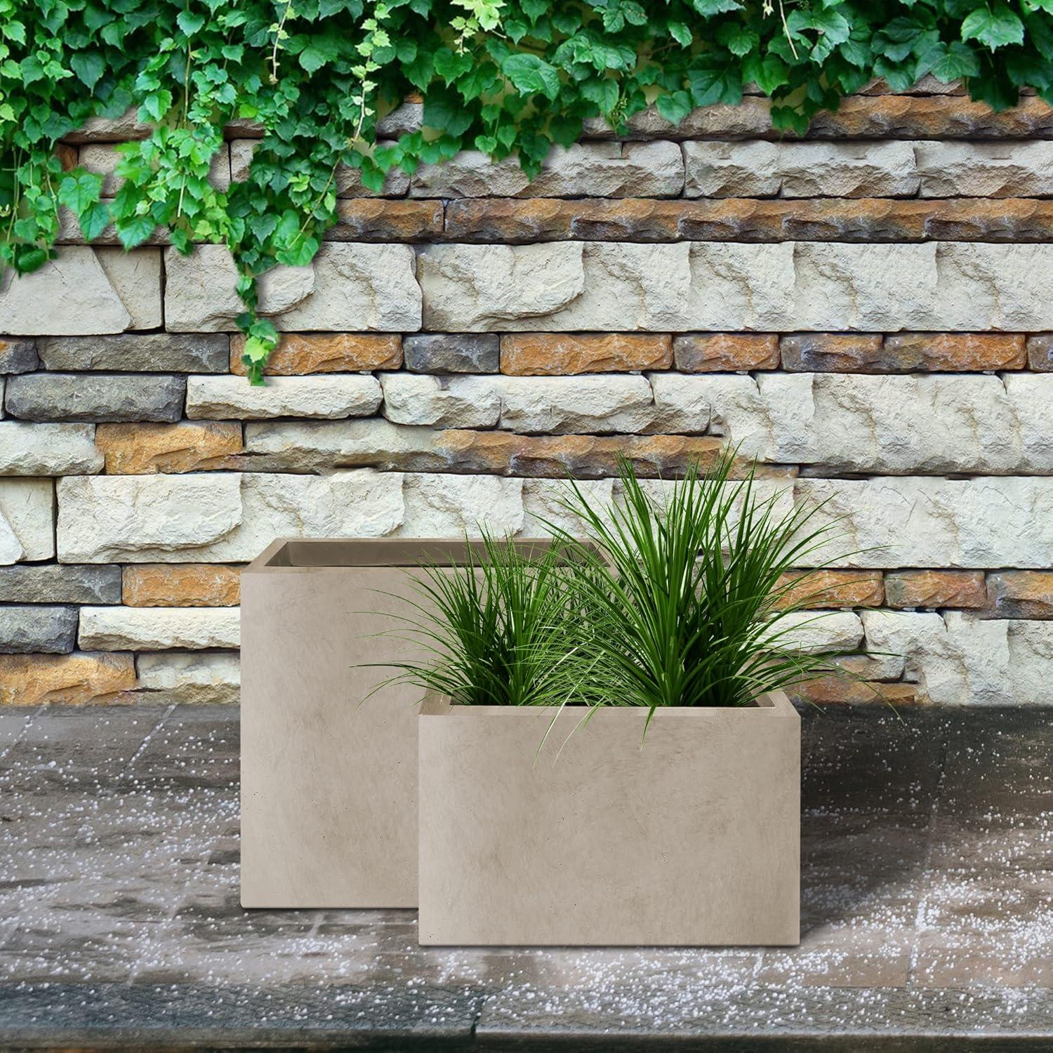 Weathered Concrete Rectangular Planters Set with Drainage Holes