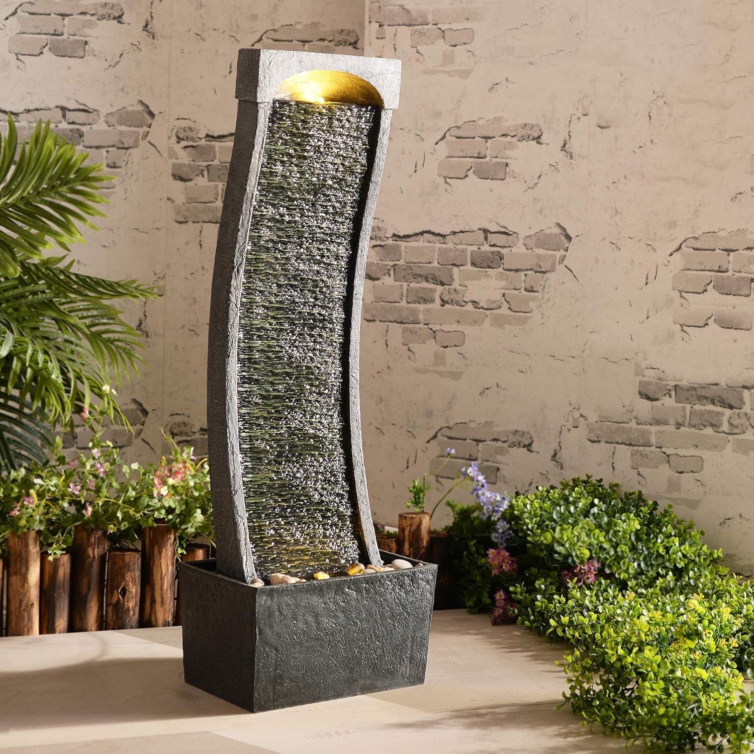 Modern Curved Black and Gray Slate Waterfall Fountain with LED Lights