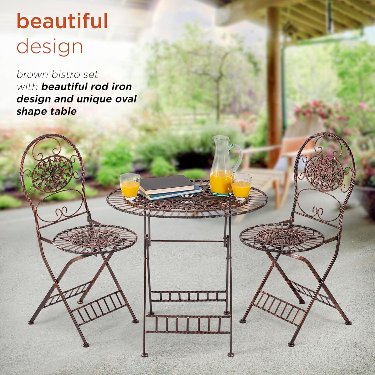 Alpine Corporation 3-Piece Metal Floral Outdoor Patio Bistro Set, Brown