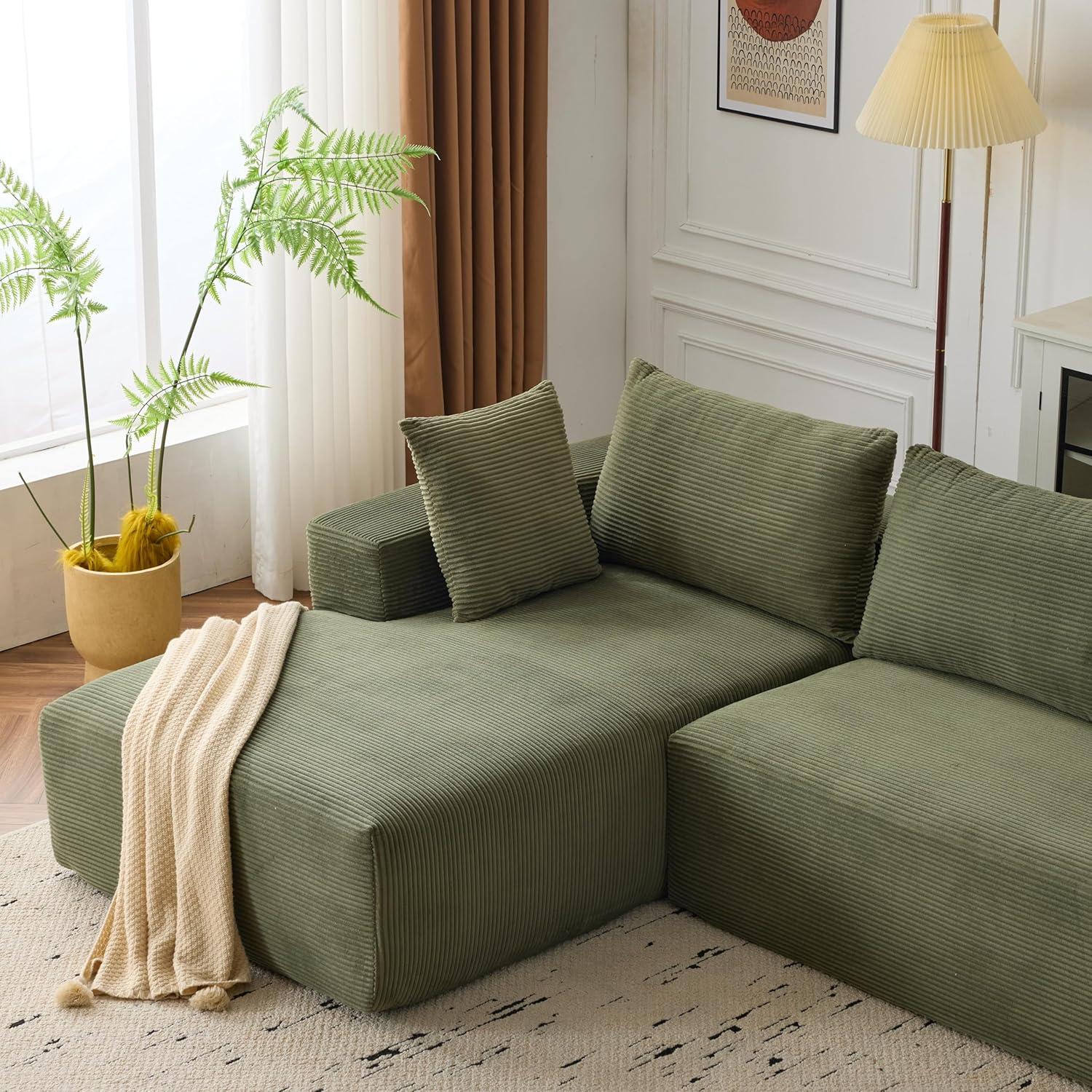 DEINPPA Modern Minimalist Style Modular Sofa Couch with Pillows and Back Support, Deep Sectional Sofa Furniture Set, 4-Seater Corduroy L-Shaped Sofa(Left Facing Chaise)