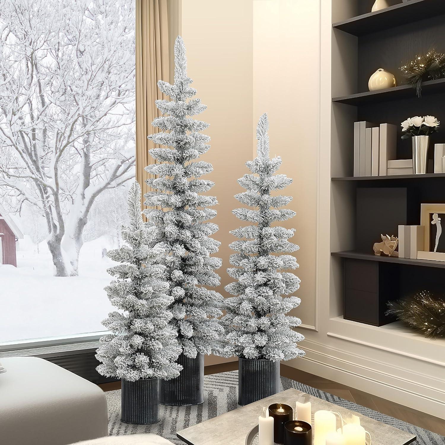 LuxenHome Set of 3 Unlit Snow-Flocked Christmas Trees with Metal Pots White