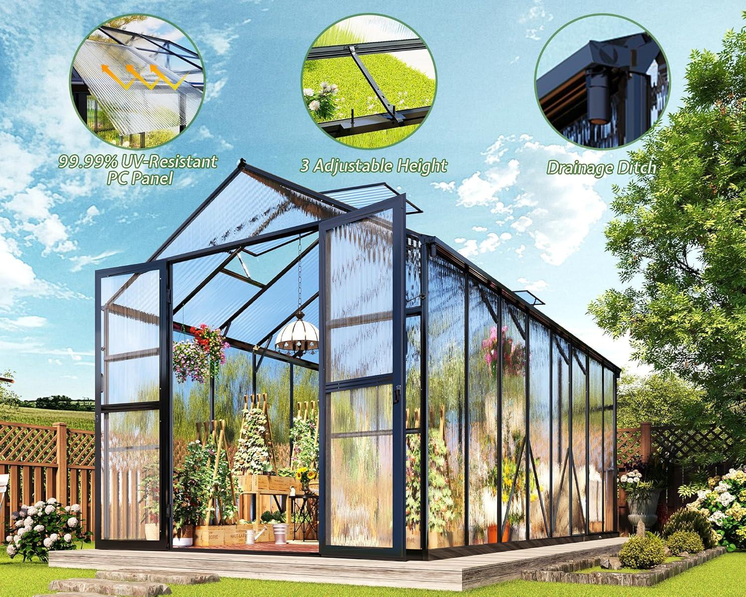 Jocisland 7.5x16x7.5 FT Polycarbonate Greenhouse with Quick Connector Fast Assembly, Outdoor Aluminum Greenhouses with Rain Gutter and Ventilation, Walk in Greenhouse for Backyard Garden, Black