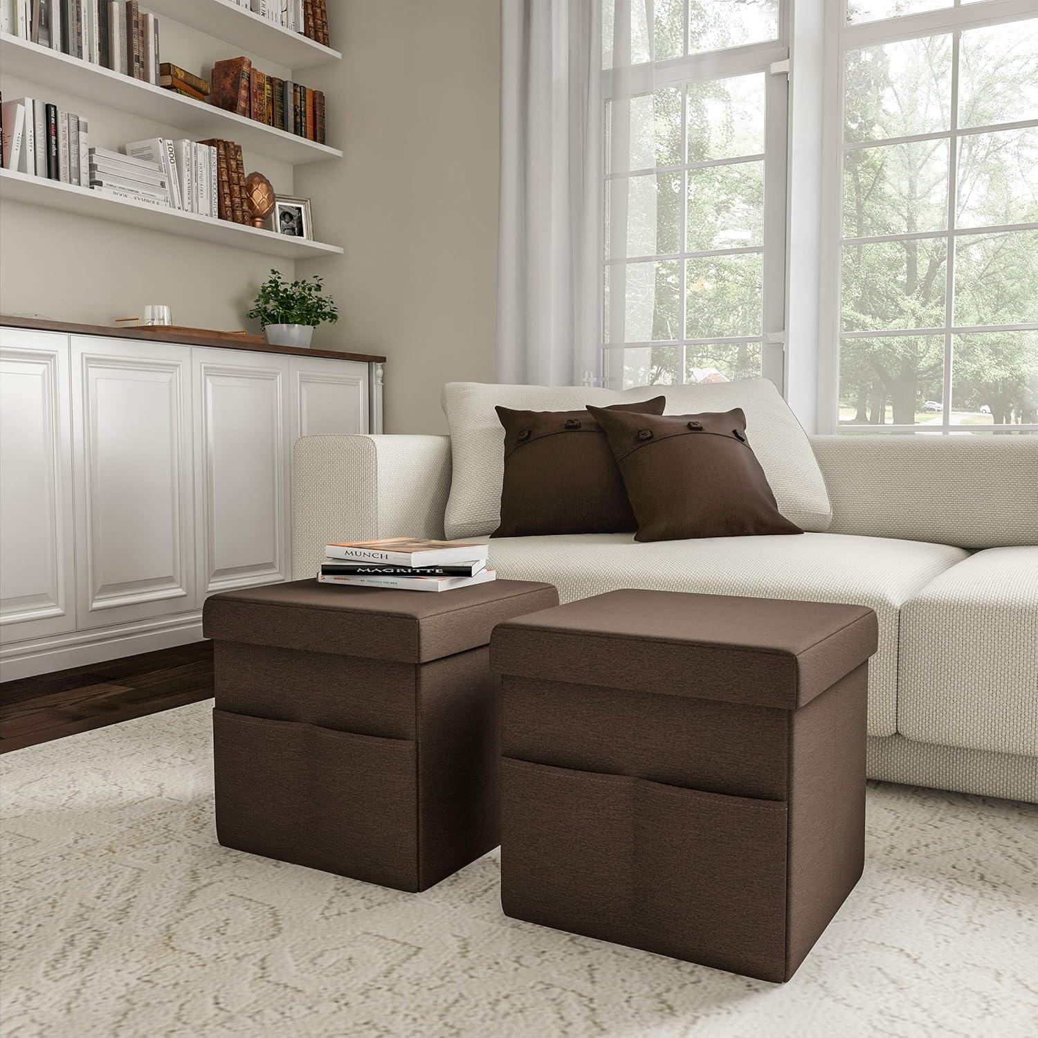 Compact Linen Brown Folding Storage Ottoman Cube with Pockets