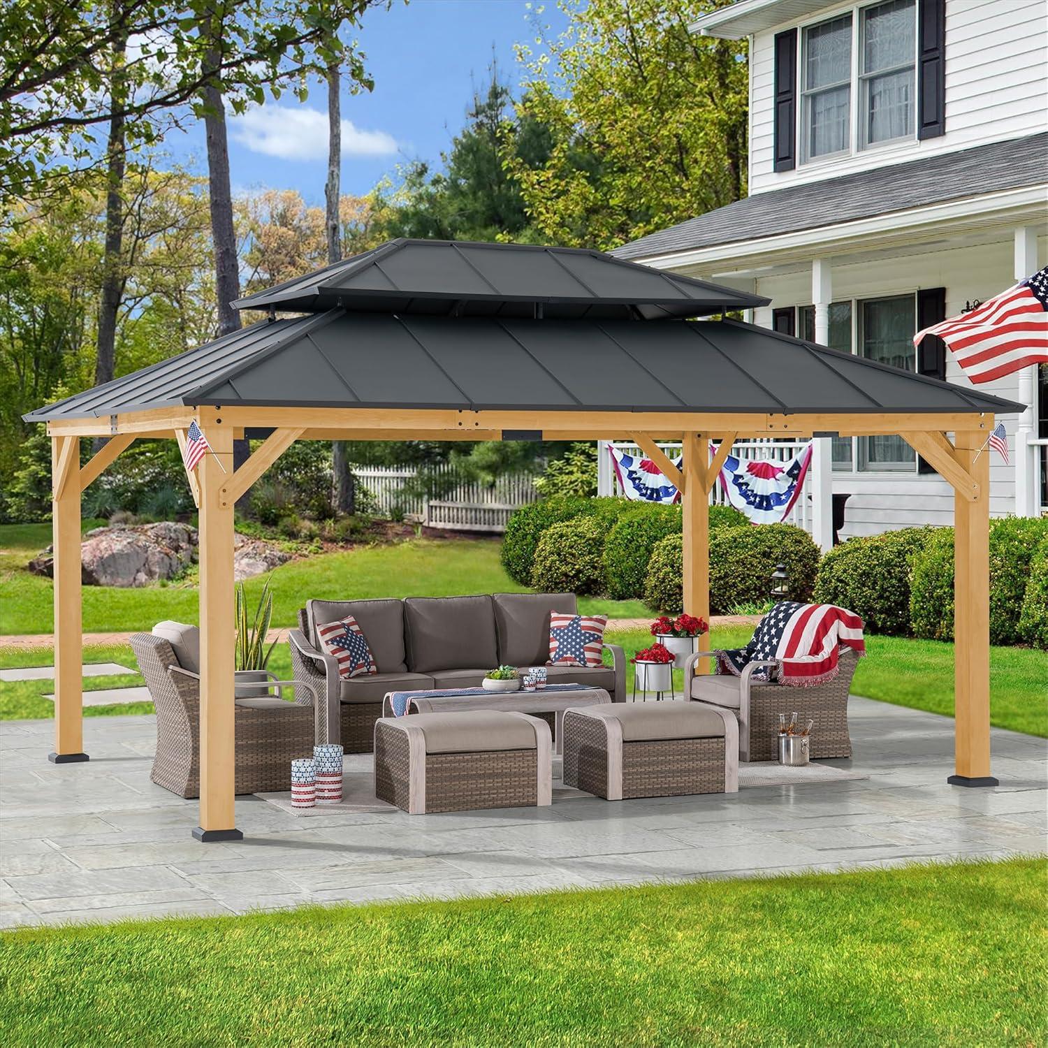 Sunjoy 12x16 ft. Wood Gazebo, Outdoor Patio Steel Hardtop Gazebo, Cedar Framed Wooden Gazebo with 2-tier Metal Roof, Suitable for Patios, Lawn, and Backyard, Dark Brown