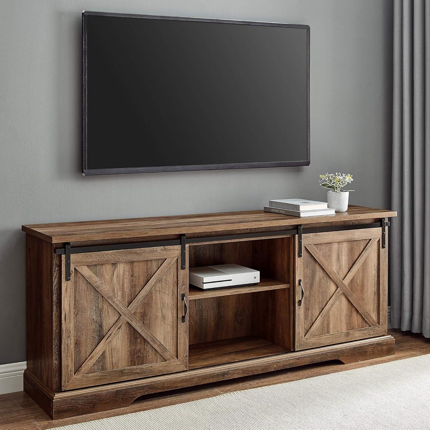 Rustic Oak 70" Farmhouse TV Console with Sliding Barn Doors