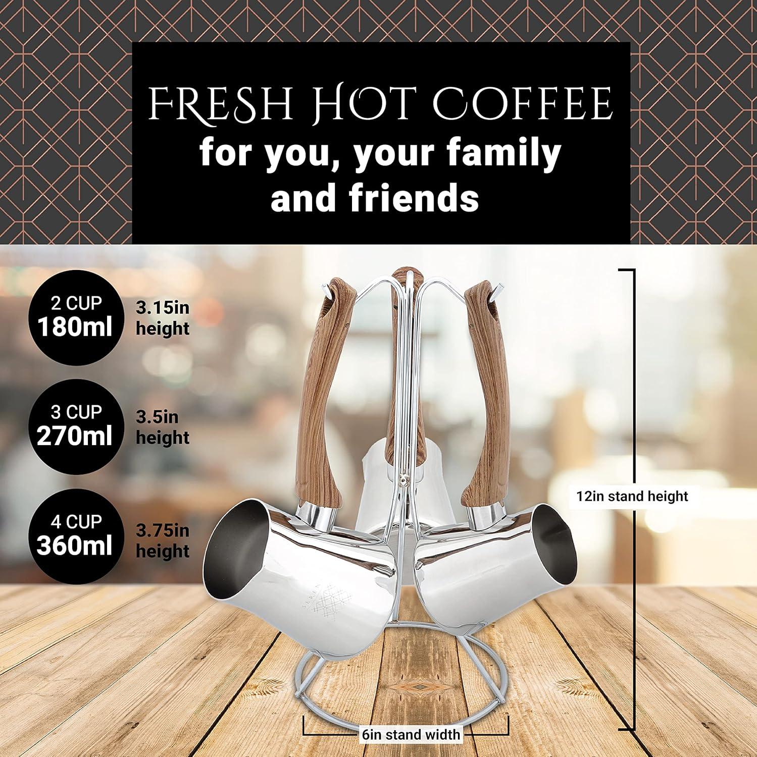 Serenk Turkish Coffee Pot Set, 4-Piece Stainless Steel w/Stand, 2-4 Cup Sizes, 18/10 Steel, Gas Stove Compatible