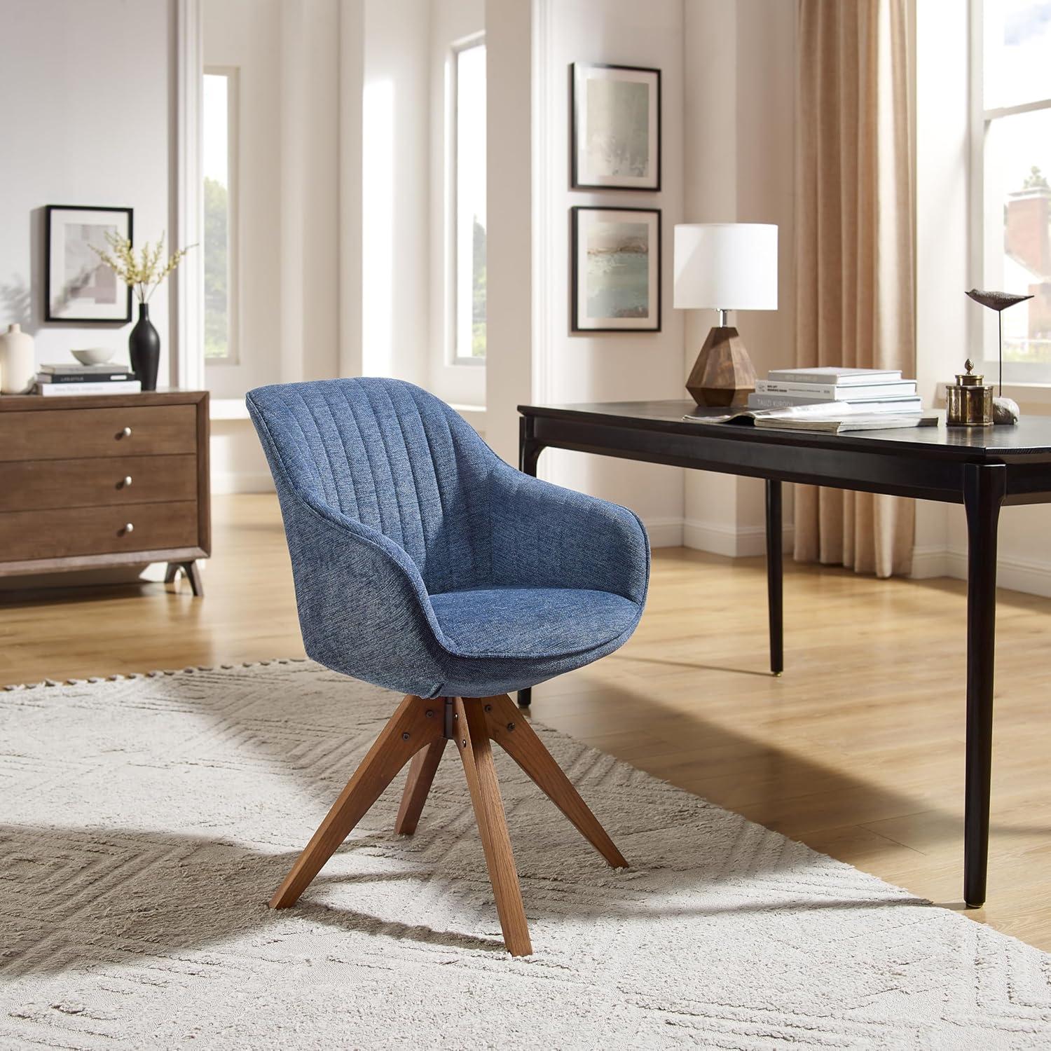 Art Leon Desk Chair - Mid Century Modern Office Chair No Wheels, Swivel Accent Chair with Oak Wood Legs, Fabric Upholstered Arm Chair, Blue