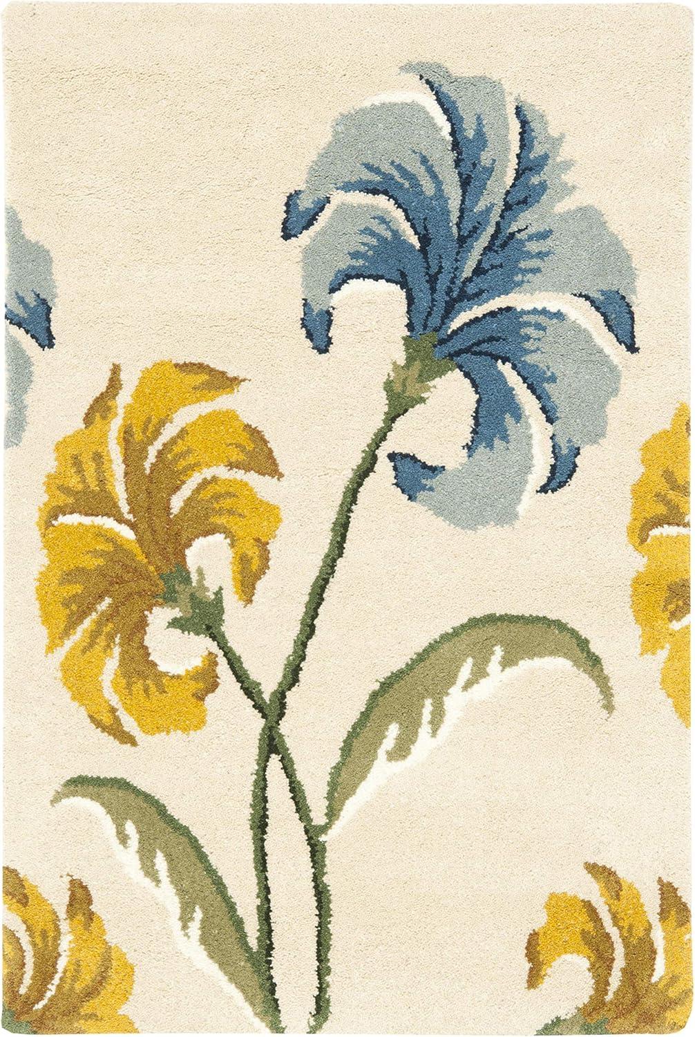 Beige and Multicolor Floral Tufted Wool Area Rug, 2' x 3'