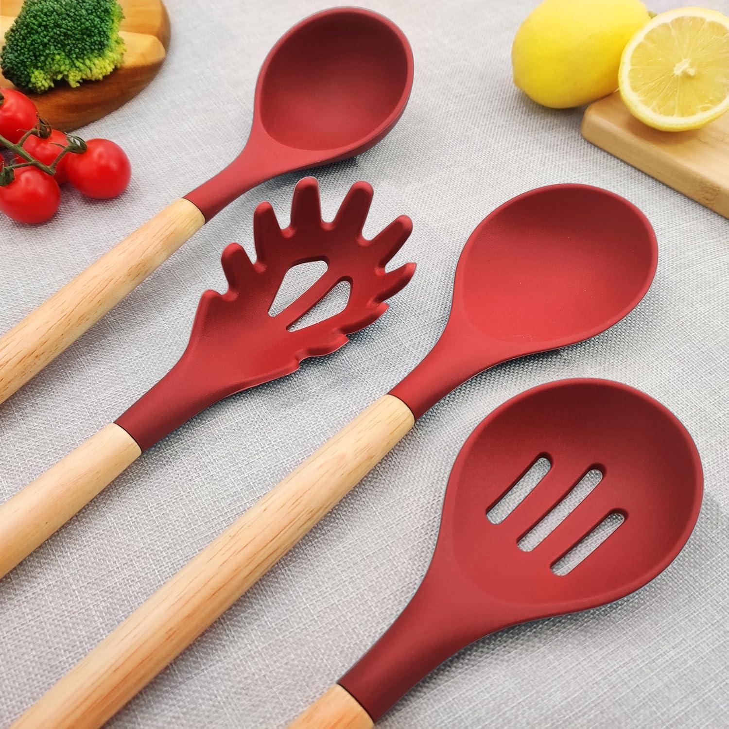 Silicone Kitchen Utensils, 12 Piece Non-Stick Heat Resistant Cookware Set with Wooden Utensil Handle, Black - Red