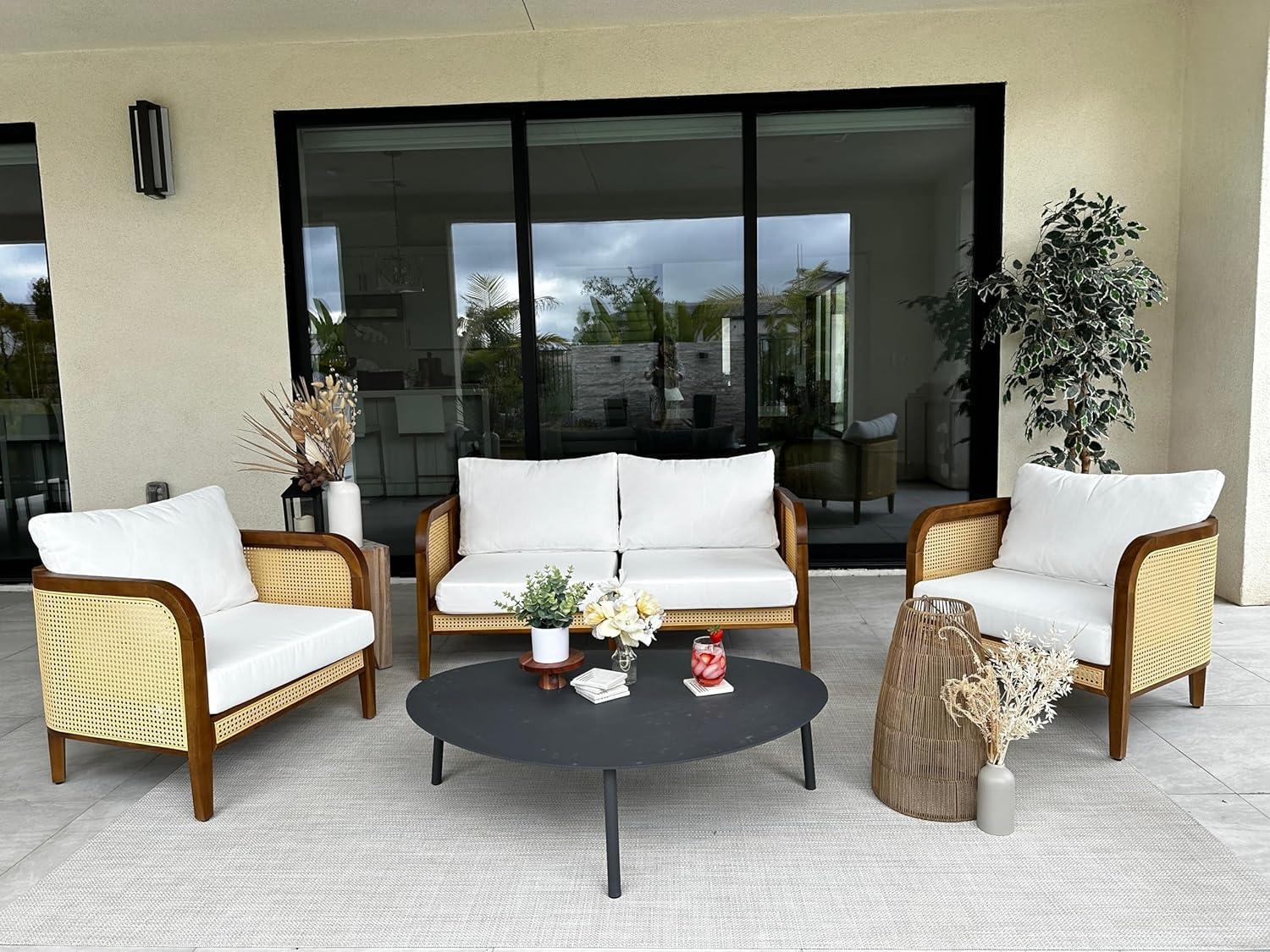 Bohemian Cushioned Patio Chair, White Outdoor Lounge Chair With Solid Wood Frame