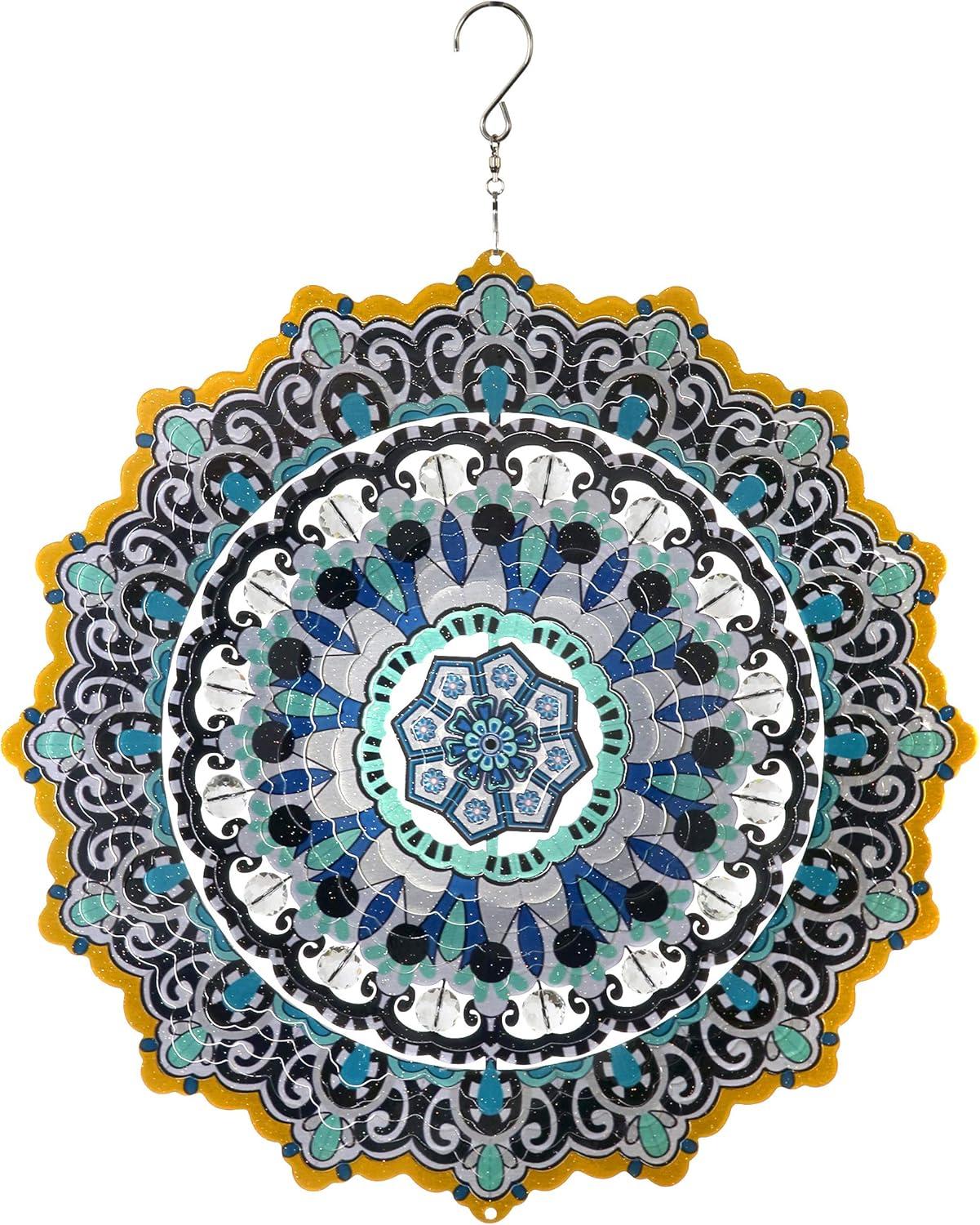 Exhart Wind Spinner, Blue and Black Mandala Hanging Wind Sculpture, 3D Laser Cut Patterns with Bead Details, Metal Outdoor Garden Decoration, Multicolor Lawn and Yard Art, 12 Inch