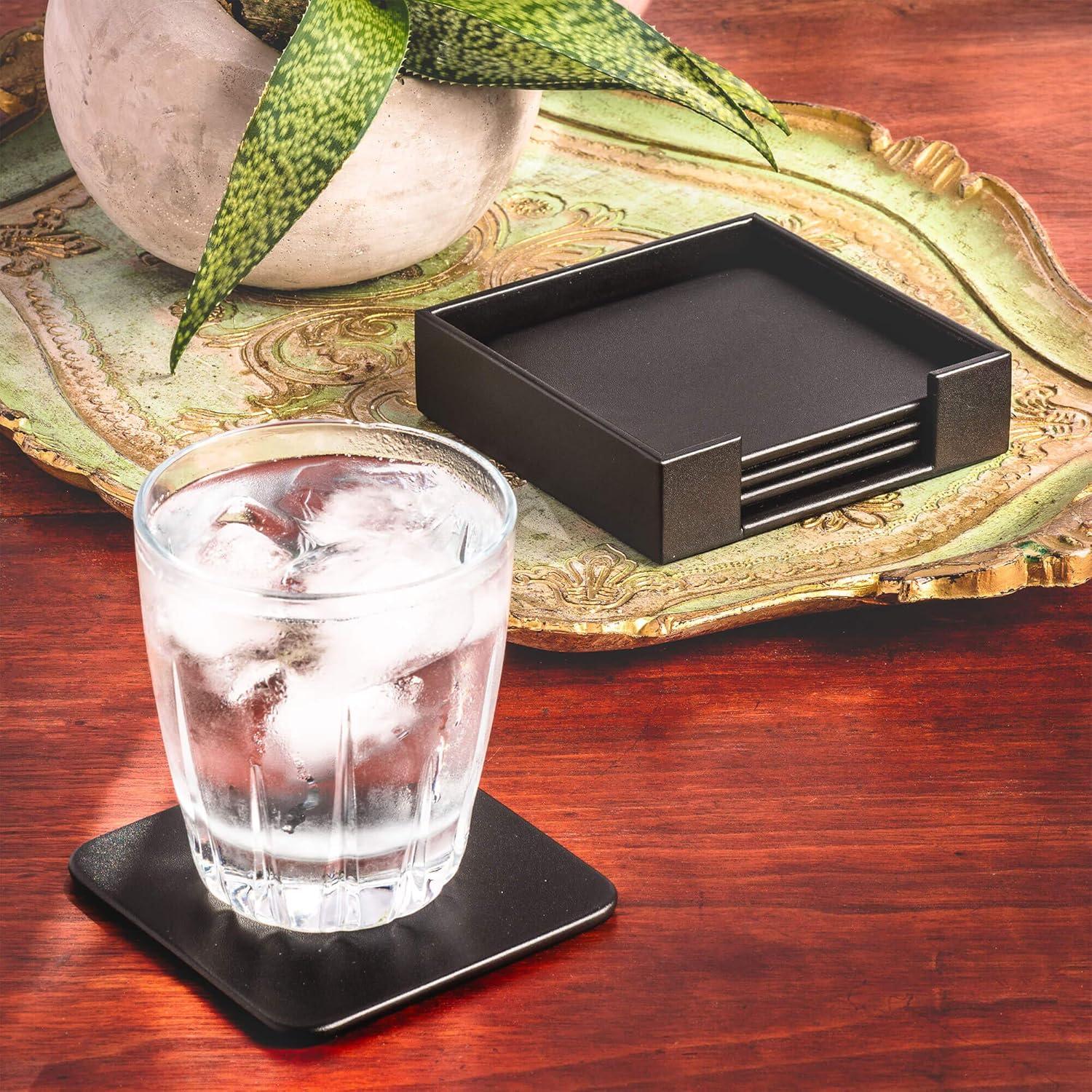 Black Leather 4-Square Coaster Set