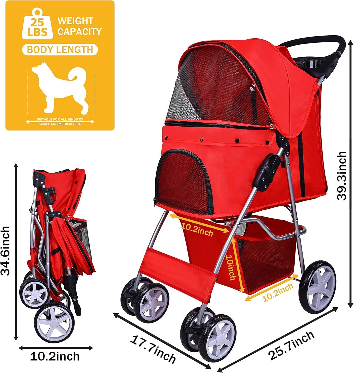 Pet Stroller, 4 Wheels Multifunction Dog Cat Stroller, Folding Portable Travel Stroller with Detachable Carrier, Suitable for Medium Small Dogs Cats, Red