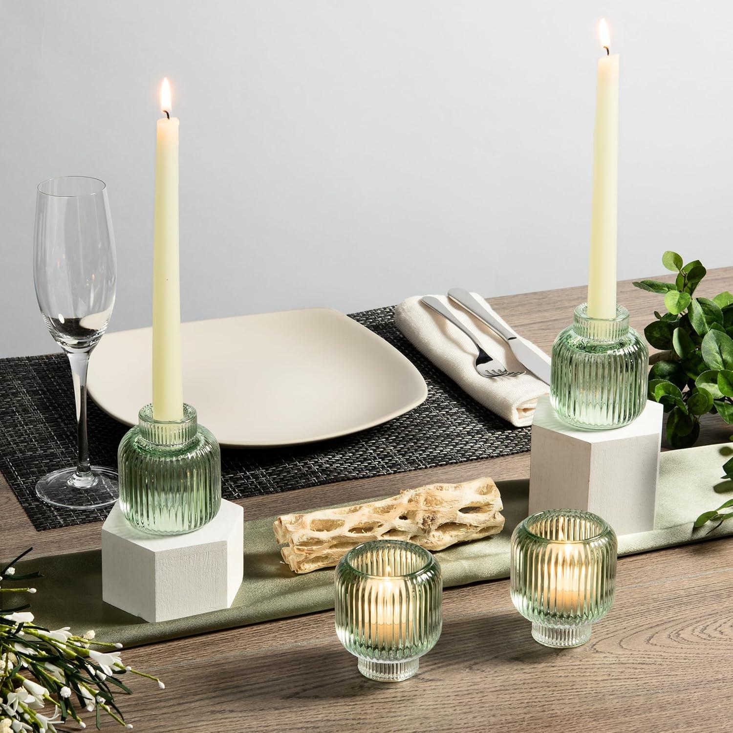 Green Ribbed Glass Reversible Candlestick Holders, Set of 4