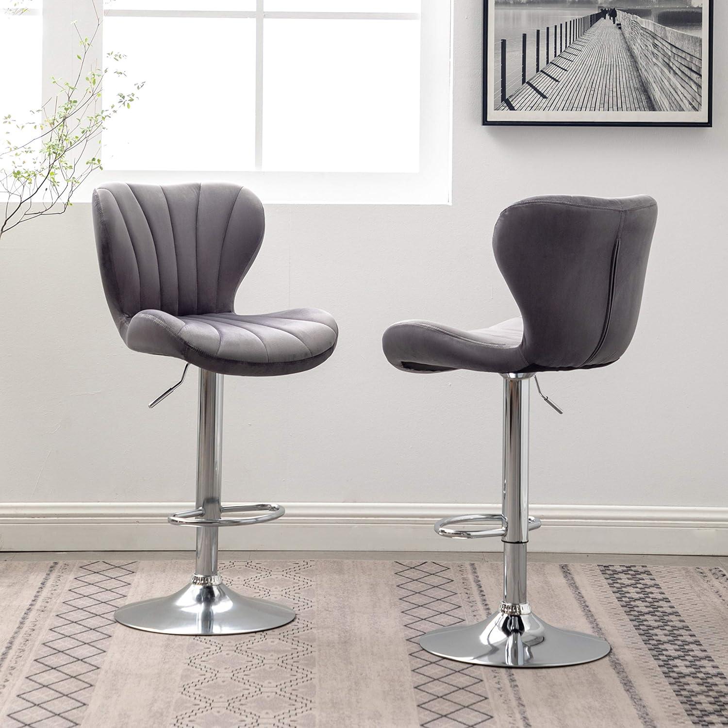 Gray Velvet Adjustable Swivel Barstools with Chrome Base, Set of 2